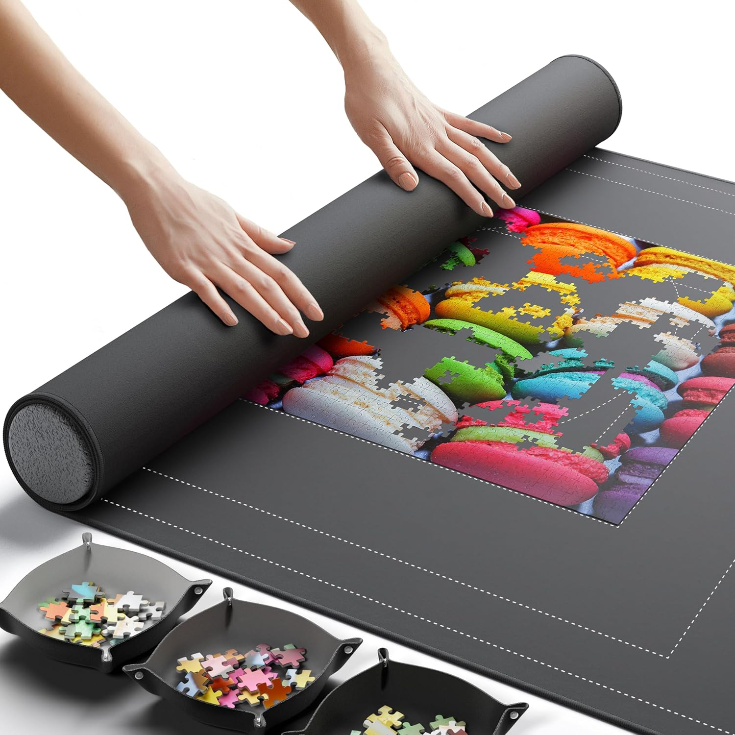 Newverest Jigsaw Puzzle Mat Roll Up, Saver Pad 55” x 35.5” Portable Keeper Up to 3000 Pieces with Non-Slip Rubber Bottom and Polyester Top + 3 Puzzle Sorting Trays, Travel-Friendly Storage Bag