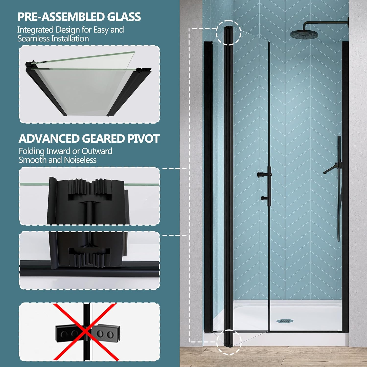 GETPRO Frameless Shower Door Bifold 36 in. W x 72 in. H Swing Pivot Shower Door with 1/4 in. Tempered Clear Glass Panel Adjustable Bathroom Fold Door for Shower Matte Black Hardwares