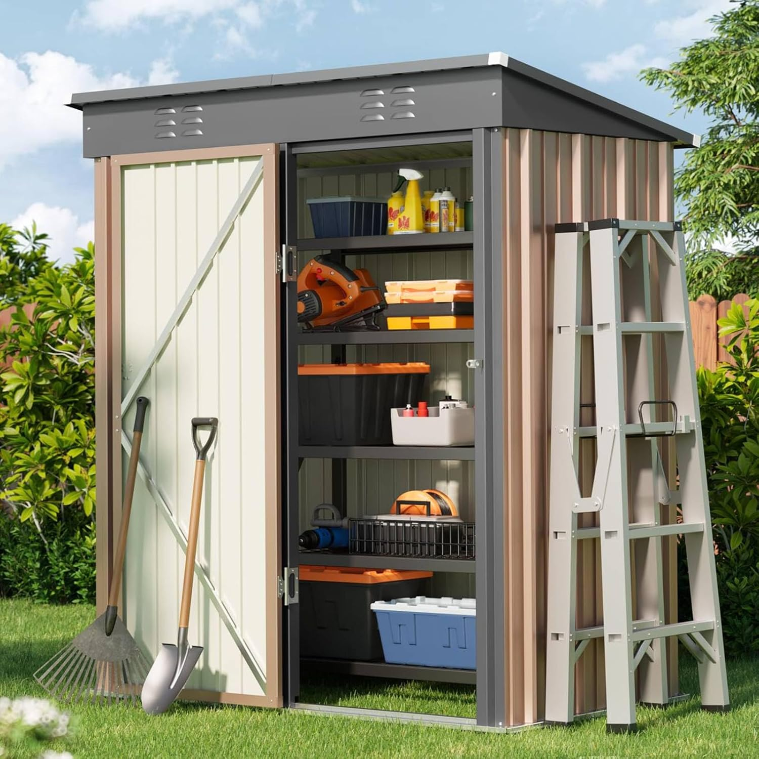 Bealife Outdoor Storage Shed Clearance, Metal Outdoor Storage Cabinet, Waterproof Tool Shed, Lockable Backyard Sheds for Garden, Patio and Lawn (Brown, 5' x 3')