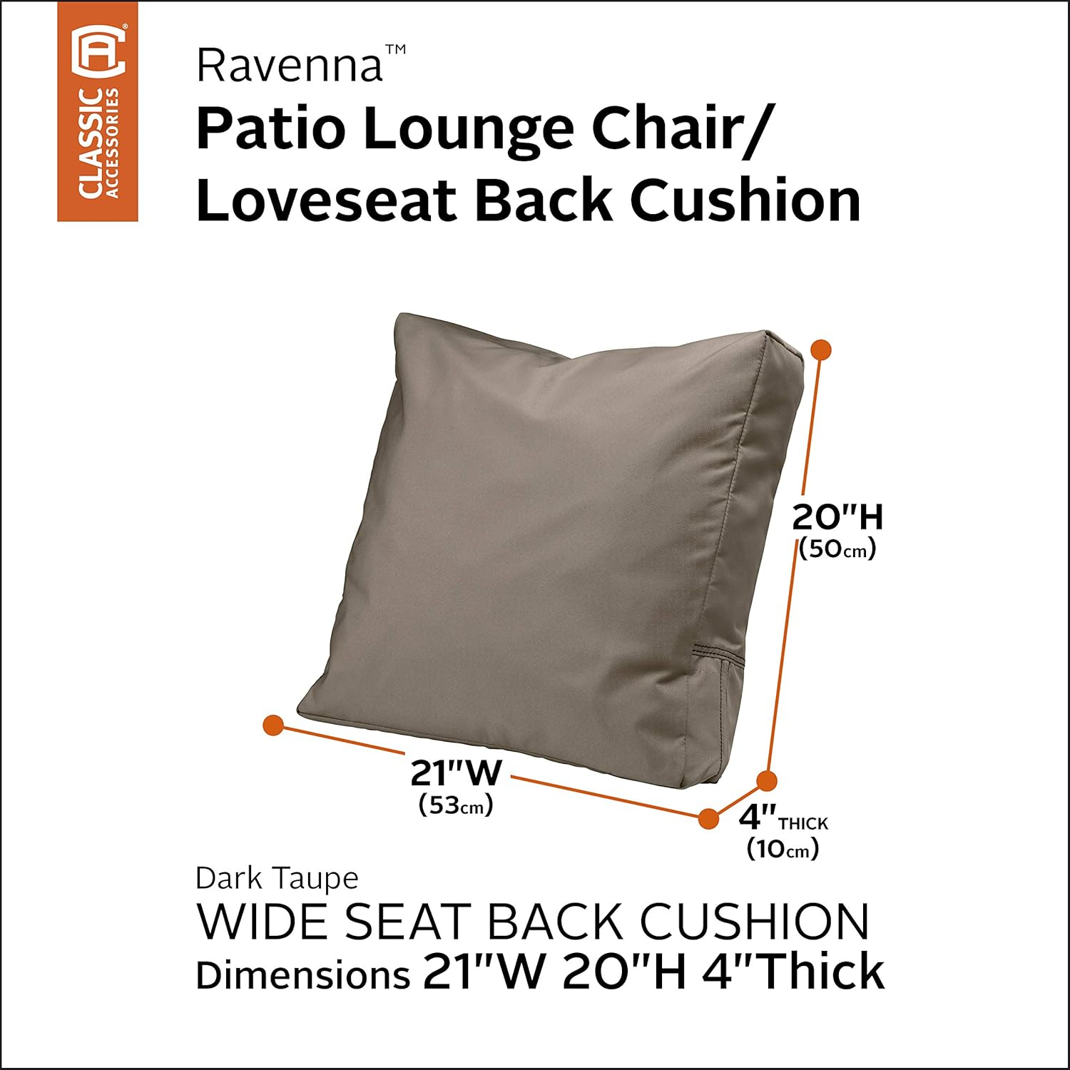 Classic Accessories Ravenna Water-Resistant Patio Lounge Chair/Loveseat Back Cushion, 21 x 20 x 4 Inch, Dark Taupe