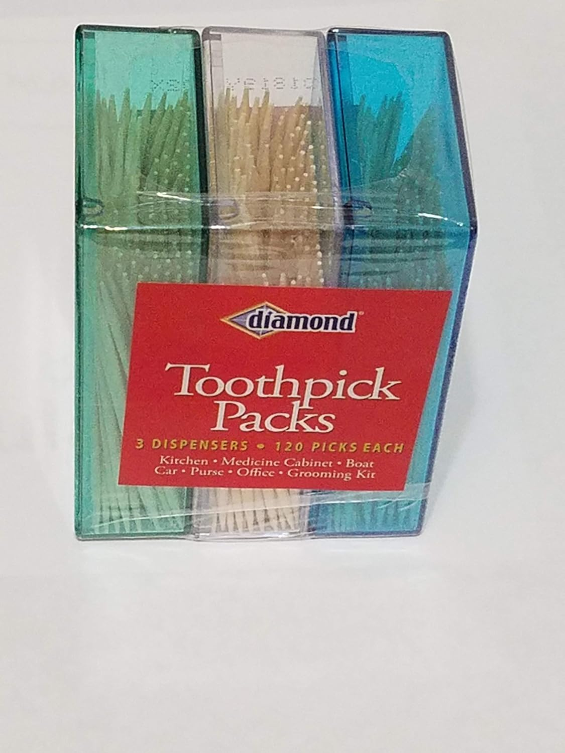 Diamond Toothpick Dispenser Packs, 3 Count, 120 Toothpicks Each Dispenser, Total 360 Wood Toothpicks per Purchase Pack.  Model Number 535376904. Assembled product height 3.1"