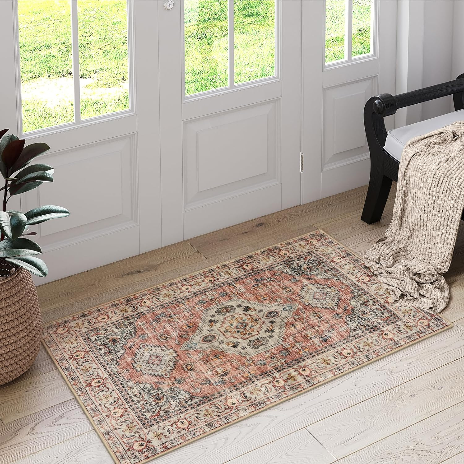 Lahome Oriental Small Area Rug, 2x4 Soft Washable Rugs for Entryway Kitchen, Non-Slip Ultra-Thin Indoor Door Mat Distressed Vintage Small Carpet for Bathroom Bedroom, Peach/Orange