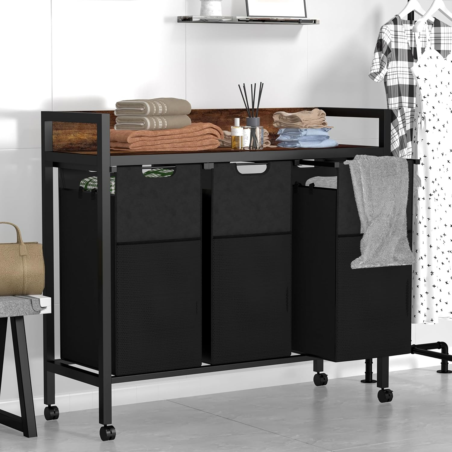 Laundry Sorter 3 Section,360°Rolling Laundry Basket,3 Pull-Out and Removable Oxford Fabric Laundry Bags(144L),Rustic Brown and Black