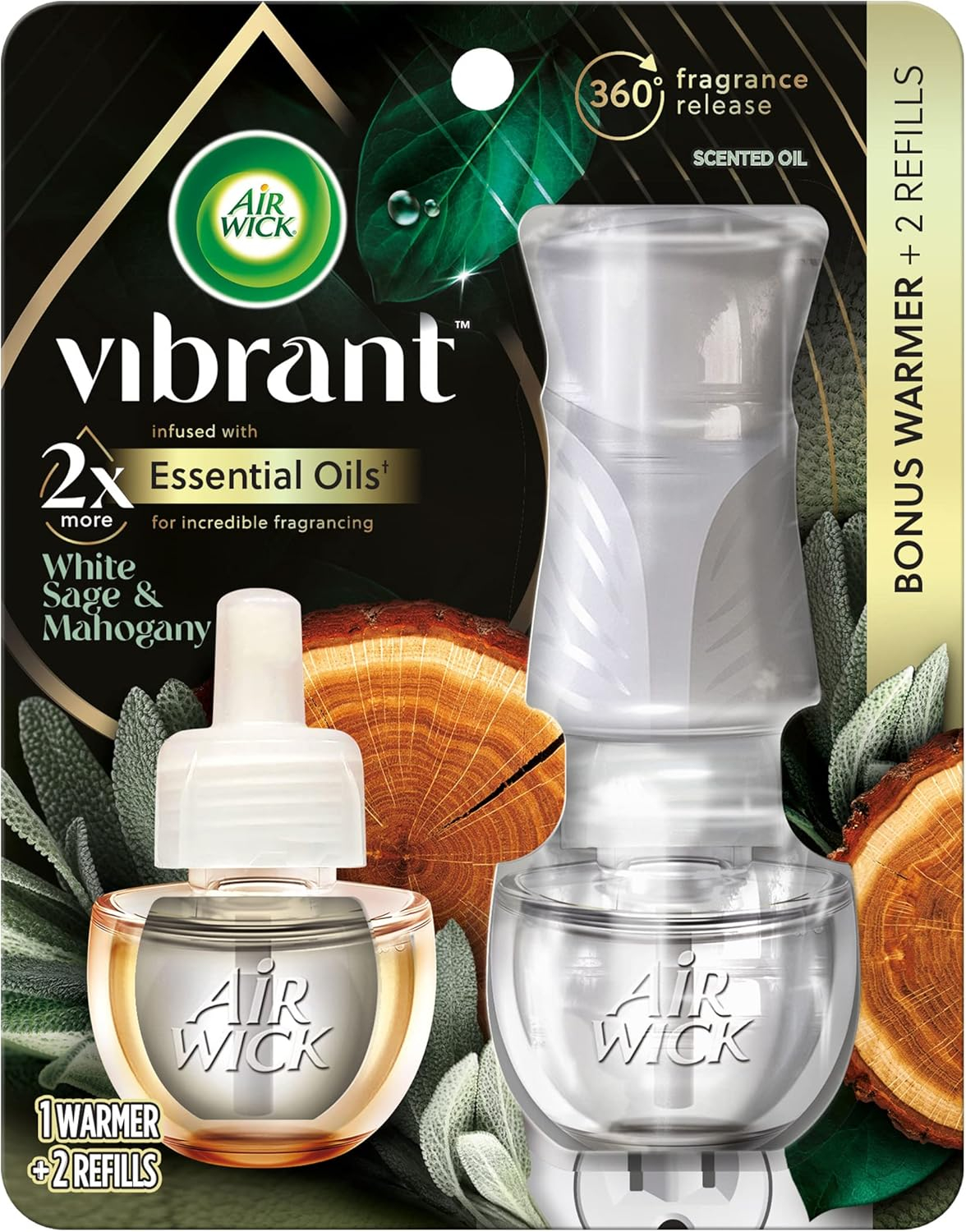 Air Wick Vibrant Plug in Scented Oil Starter Kit (Gadget + 2 Refills), White Sage & Mahogany, Air Freshener, Essential Oils