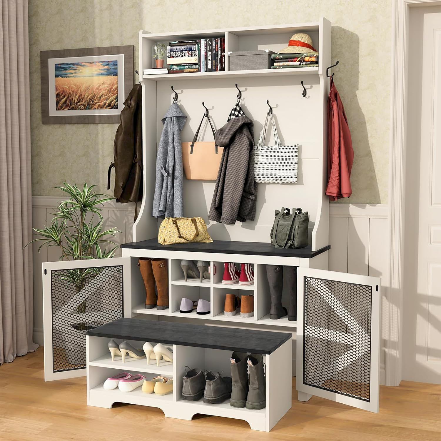 Hall Tree with Removable Bench and Shoe Storage, 77" H Entryway Coat Rack Freestanding with 9 Shoe Cubbies and 7 Coat Hooks, Farmhouse Wooden Style Mudroom Bench Storage Cabinet, White