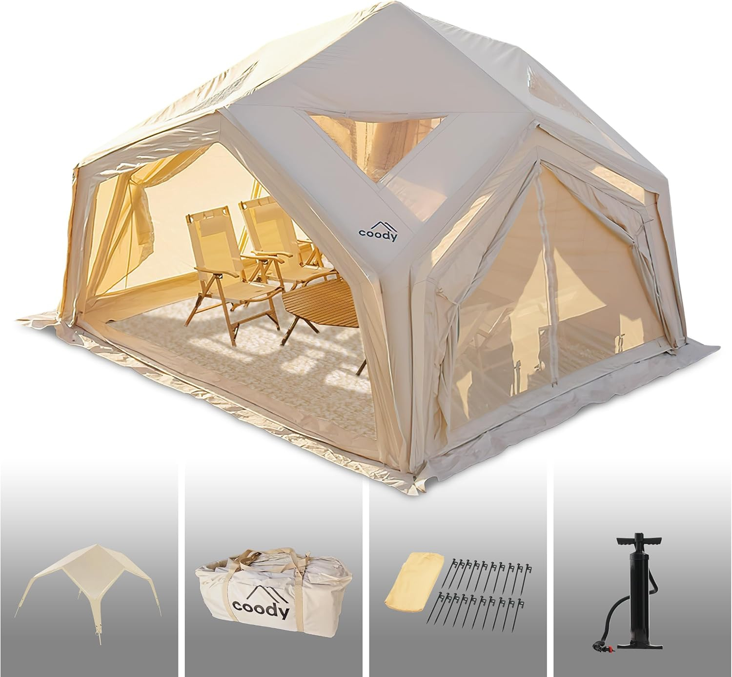 Coody | Rbm Outdoors Koala/Hub/Octopus Inflatable Tents for Camping with Stove Jack, 2/8/10 Person Luxury Canvas Blow Up Tent, 2 Room, Easy Setup Casa de Campaña, Large Inflatable House with Pump