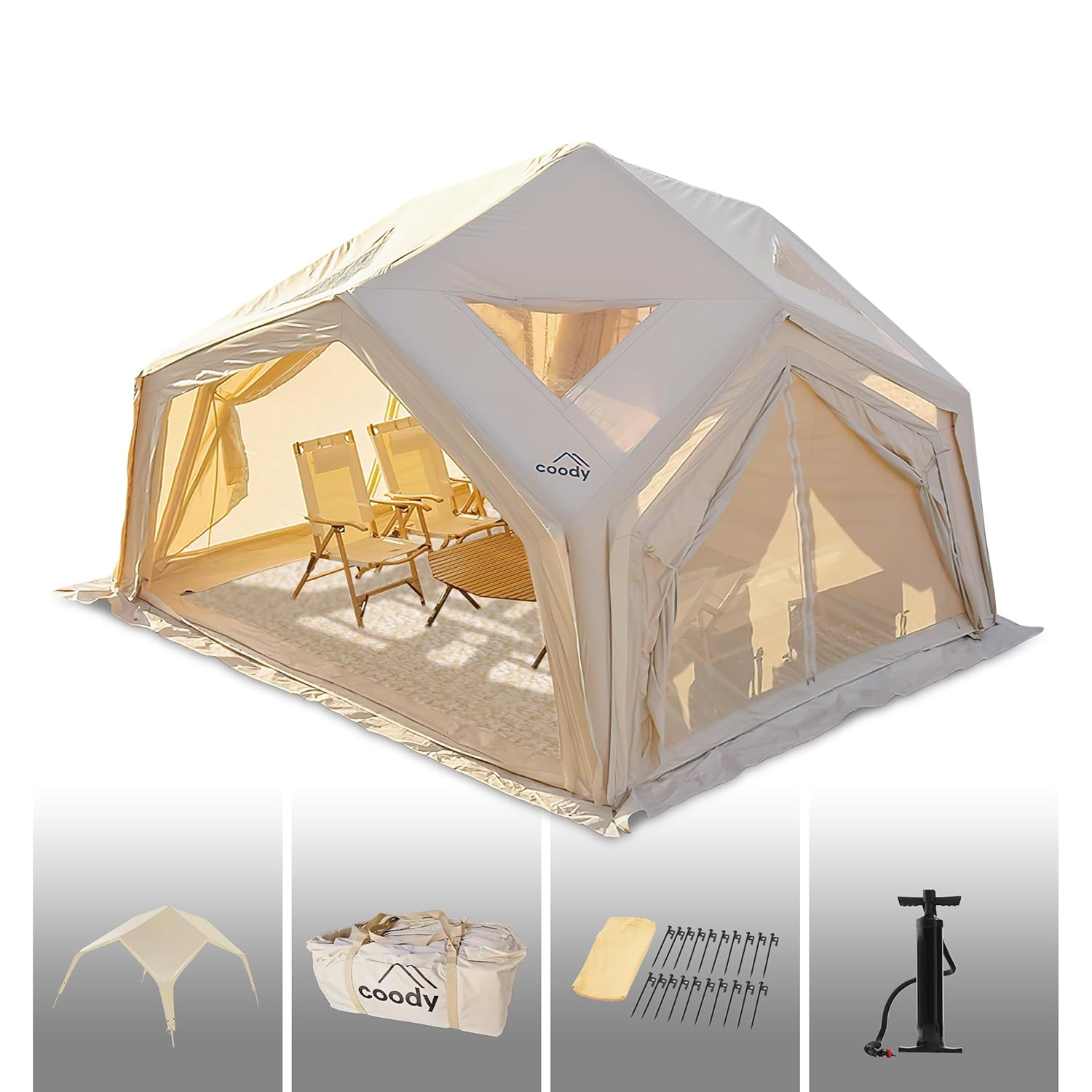 Coody | Rbm Outdoors Koala/Hub/Octopus Inflatable Tents for Camping with Stove Jack, 2/8/10 Person Luxury Canvas Blow Up Tent, 2 Room, Easy Setup Casa de Campaña, Large Inflatable House with Pump