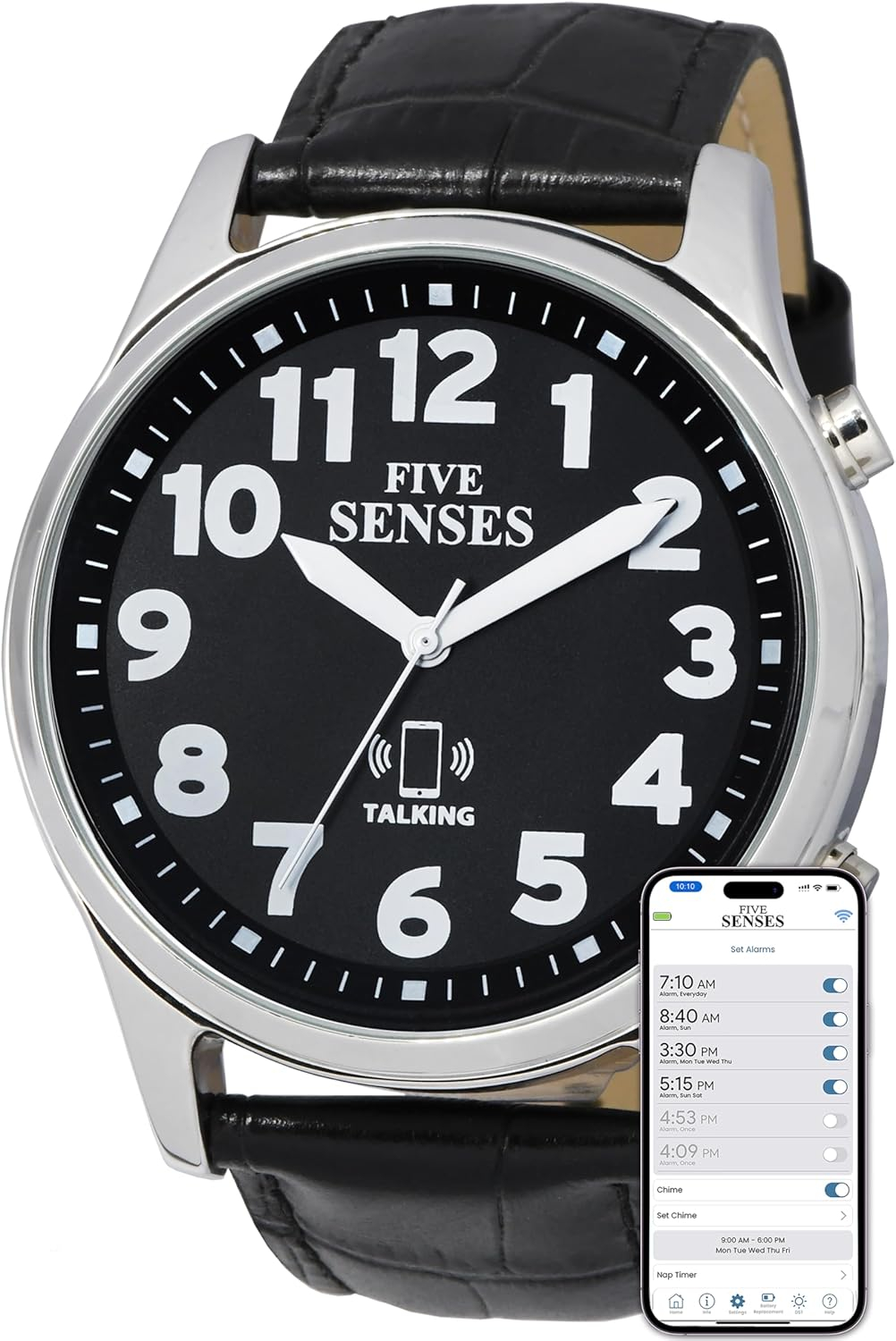 FIVE SENSES Jumbo Smart Atomic Talking Watch with Voice Reminders and App Control for Seniors and Visually Impaired - Great Gift for Blind Men and Women. Metal Talking Watches for The Blind (Black)