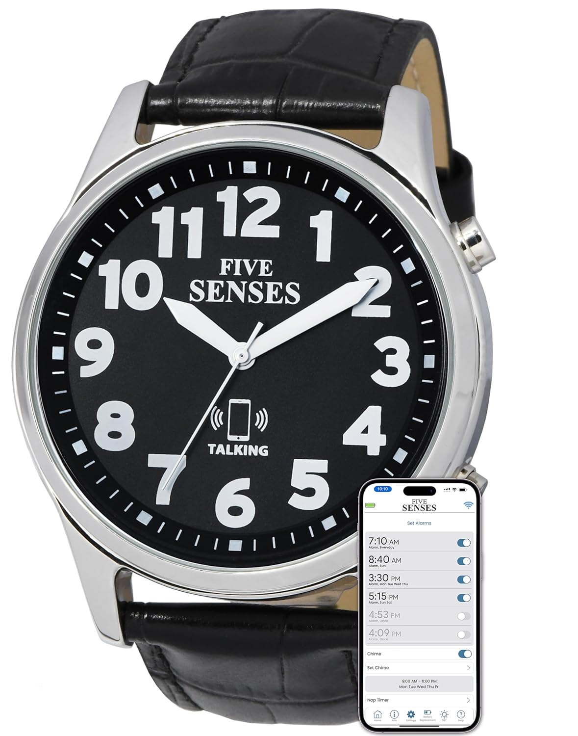 FIVE SENSES Jumbo Smart Atomic Talking Watch with Voice Reminders and App Control for Seniors and Visually Impaired - Great Gift for Blind Men and Women. Metal Talking Watches for The Blind (Black)