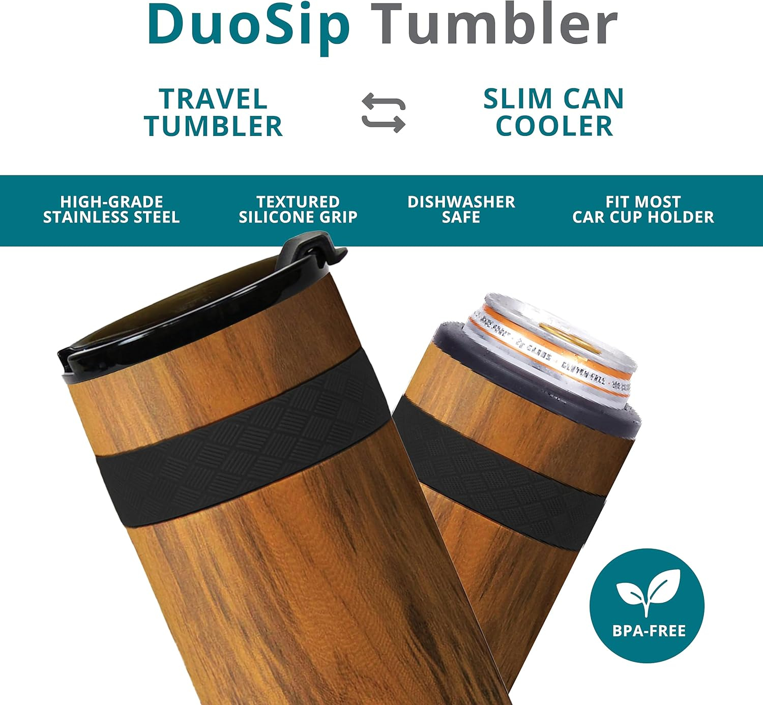 Elemental Duo-Sip 2 in 1 Travel Coffee Tumbler with 100% Leak Proof Lid & Slim Can Cooler Insulator for 12oz Slim Cans, Triple Walled Stainless Steel for Hard Seltzer & Hot/Cold Drinks - Teakwood
