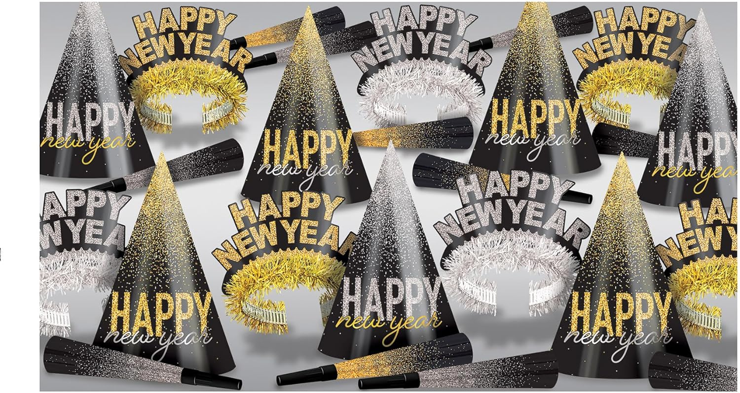 Beistle Silver & Gold Midnight Burst New Year's Eve Assortment for 25 People, Party Favors and Supplies, NYE Photo Booth Props, Made in USA Since 1900