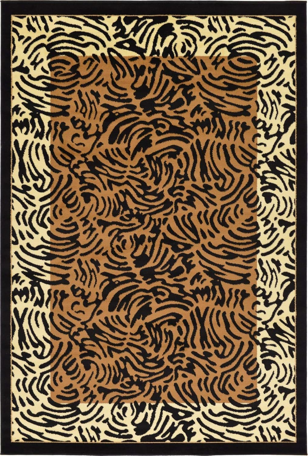 Unique Loom Wildlife Collection Animal Inspired with Tiger Bordered Design Area Rug, 6' 0" x 9' 0", Light Brown/Black