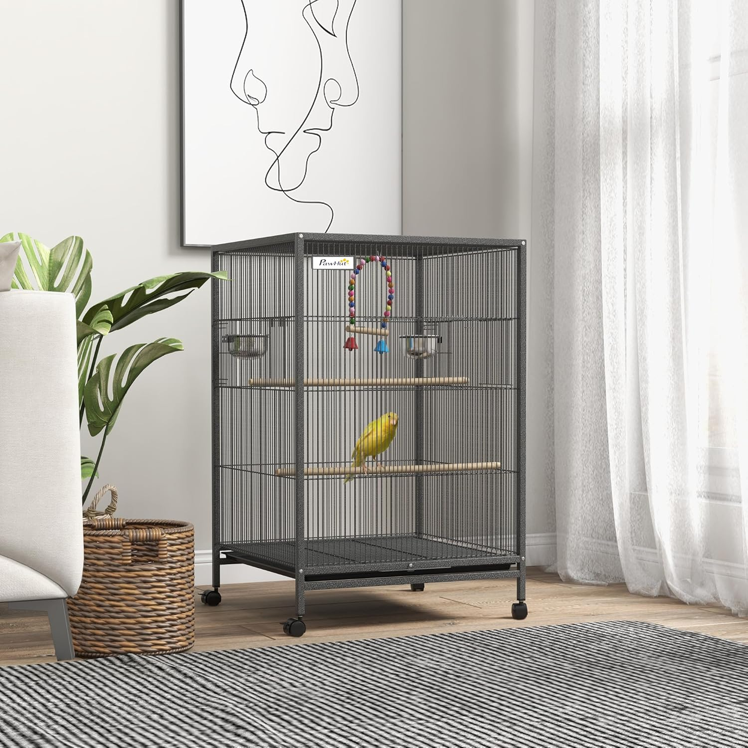 Pawhut Metal Bird Cage with Stand for Parrots, Lovebirds, Finches, Gray