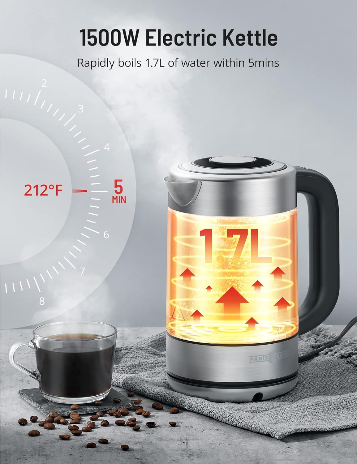 Electric Kettle,Tea Kettle Temperature Control with 6 Temperature Settings,Paris Rhône1.7L Glass&Stainless Steel Heater,Touch Control,LED Screen,Keep Warm Mode,Boil-Dry Protection,for Milk,Tea,Coffee