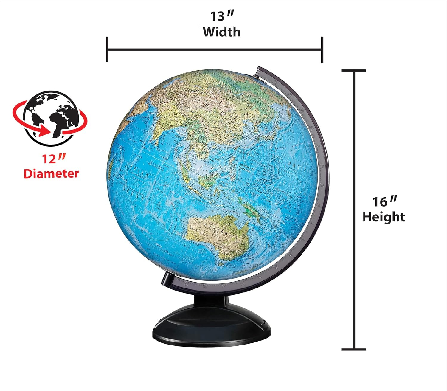 Replogle Ready to Assemble World 12" Diameter Globe, USA Cartography, Modern Acrylic Globe Stand and Blue Ocean Globe Ball. Easy to assemble globe that shows both Political and Vegetative information including political borders and provincial borders, major ocean currents, detailed lakes, rivers, tributaries and canals.