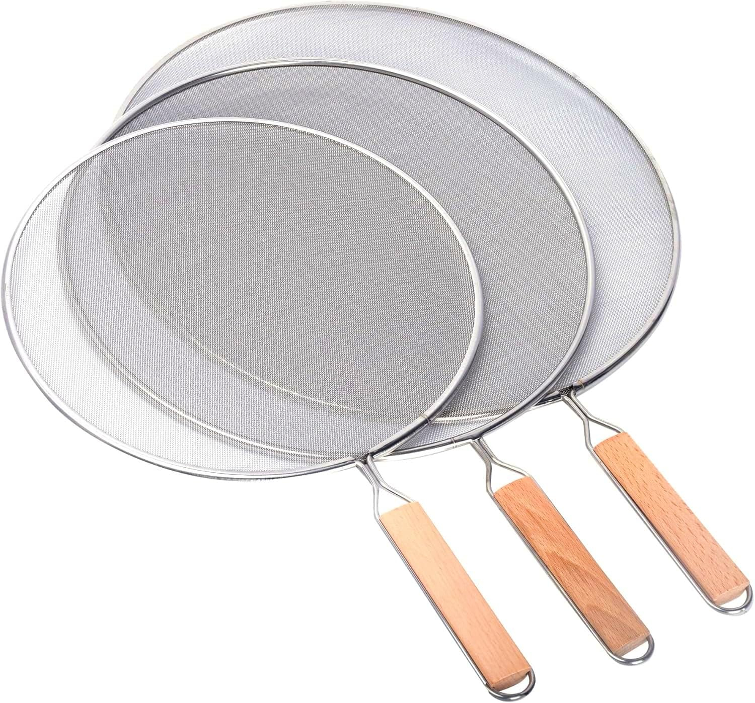 3 Pieces Grease Splatter Screen for Frying Pan, Splatter Guard Mesh Stainless Steel Grease Guard Shield for Kitchen Frying Pan Cooking Supplies Set of 9.44", 10.8" and 12.5" inch (Wood Handle)