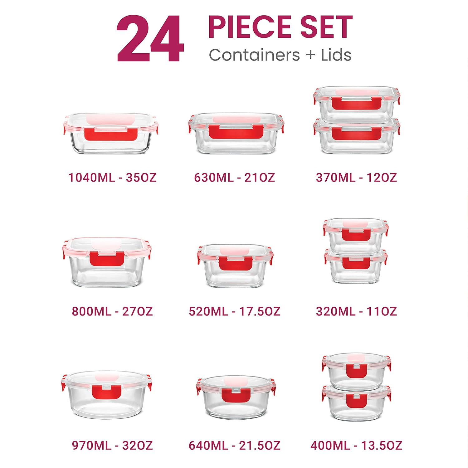FineDine 24 Piece Glass Storage Containers with Lids - Leak Proof, Dishwasher Safe Glass Food Storage Containers for Meal Prep or Leftovers, Red