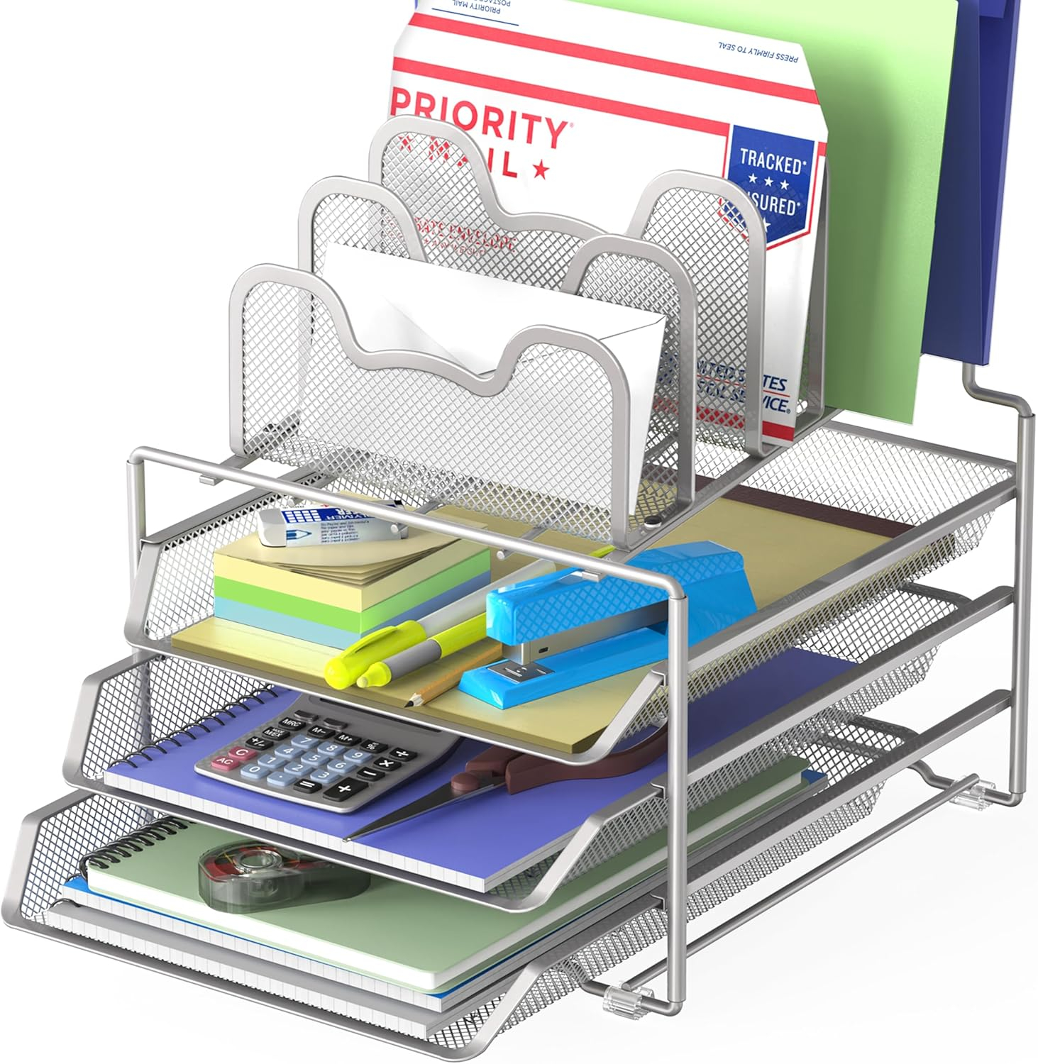 Simple Houseware Desk 3 Sliding Tray and 5 Stacking Section Organizers, Silver