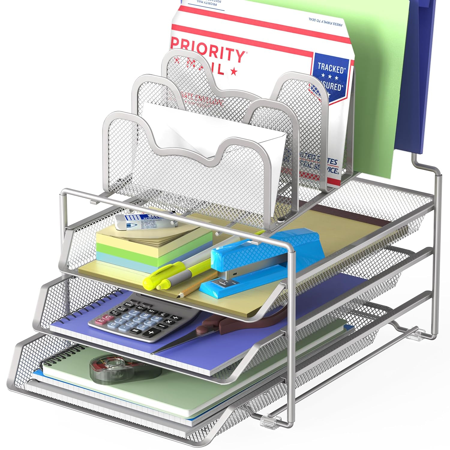 Simple Houseware Desk 3 Sliding Tray and 5 Stacking Section Organizers, Silver