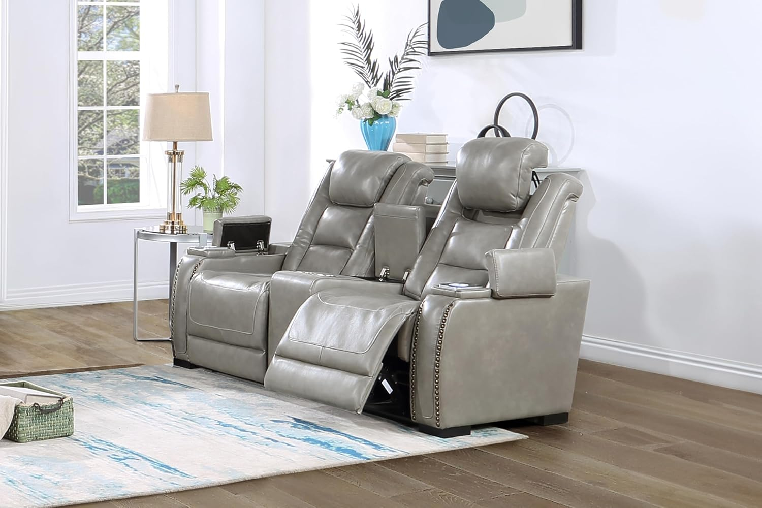 New Classic Furniture Breckenridge Leather Power Console Loveseat in Gray