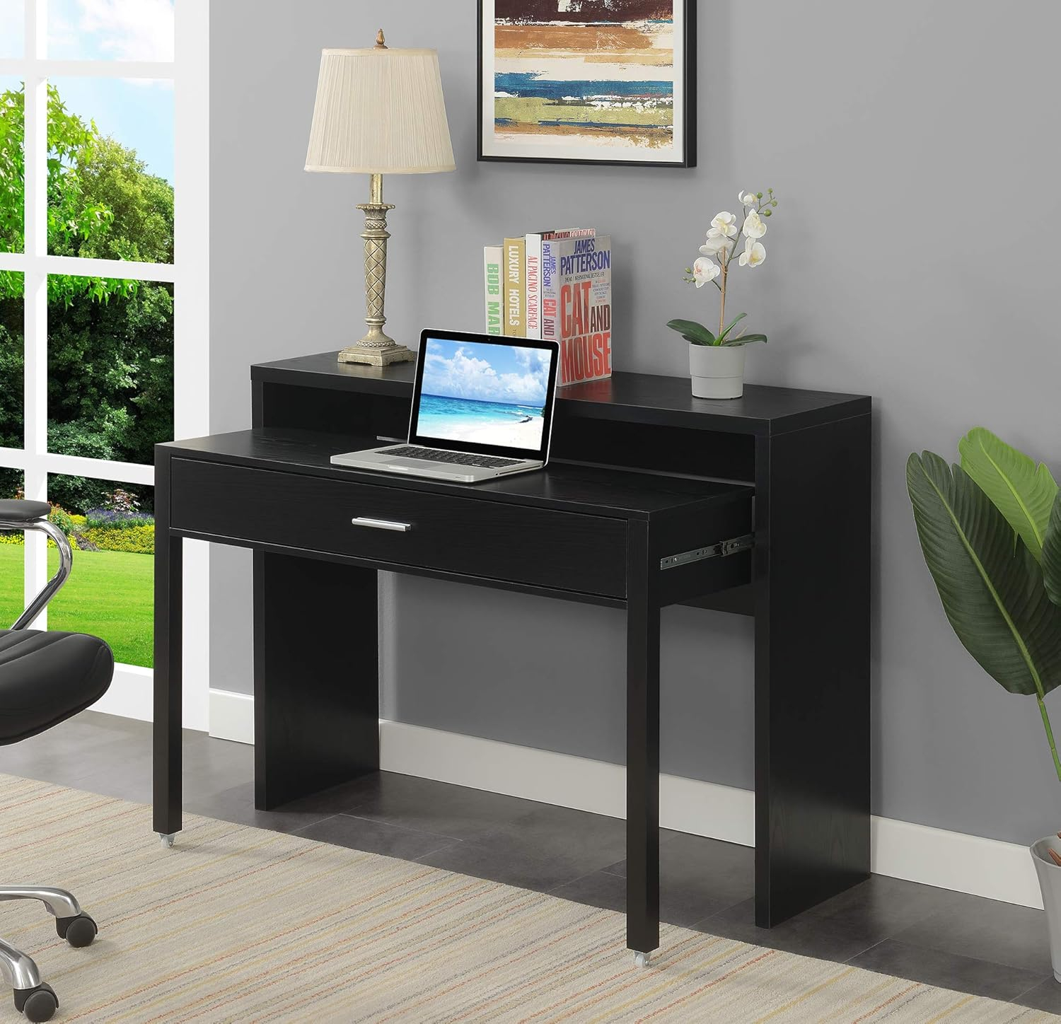 Newport JB Console or Sliding Desk with Drawer and Riser, Black