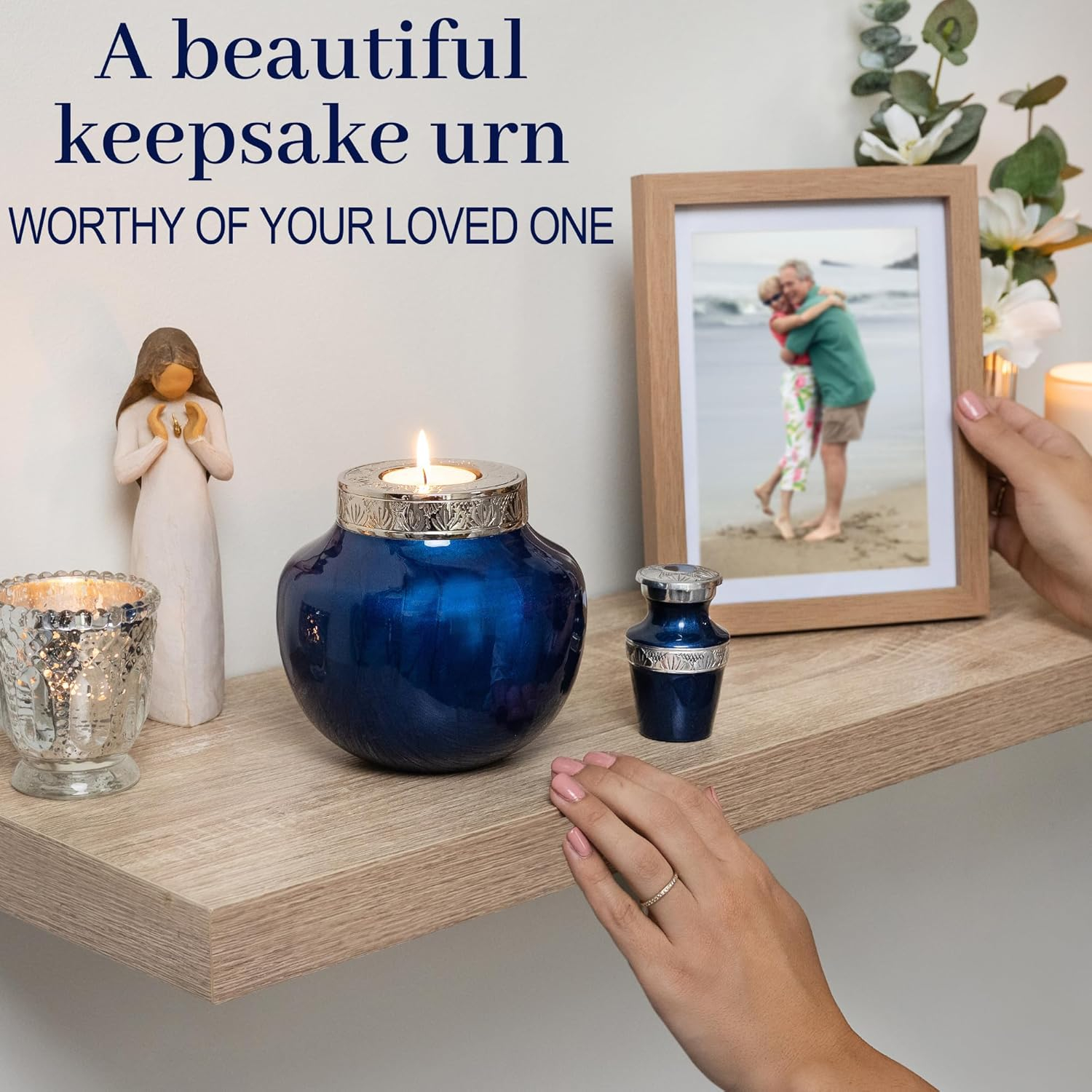 FOVERE – Mini Keepsake Urn for Human Ashes - Small Blue Cremation Urns with Elegant Silver Engraving – Holds a Small Portion of Ashes – 100% Handcrafted Decorative Urns for Human Ashes – Navy Blue