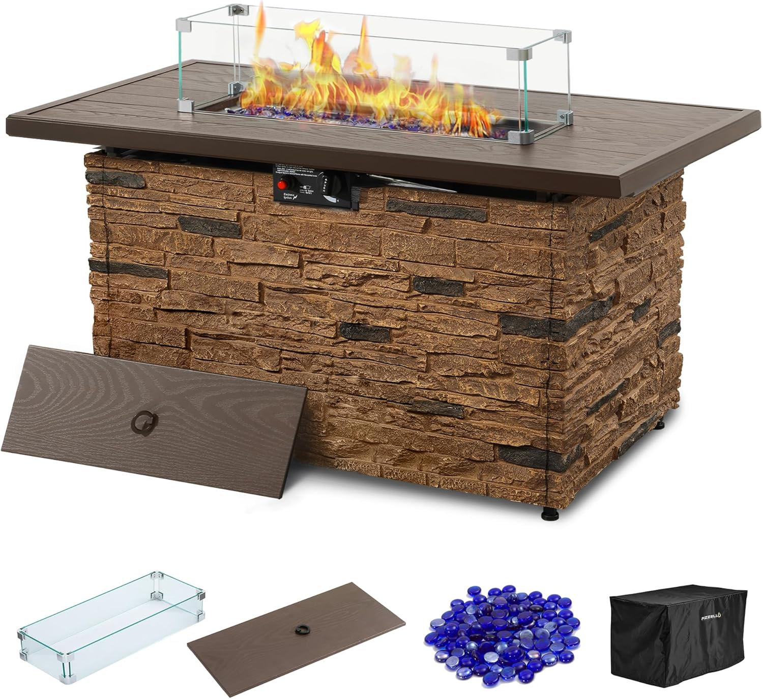 43" Propane Fire Pit Table Outdoor Stone Firepit Table Rectangular 50000 BTU Propane Fire Tables for Outside Patio with Wind Guard, Table Lid, Fire Beads, Cover,Pizzello Caldo (Buff)