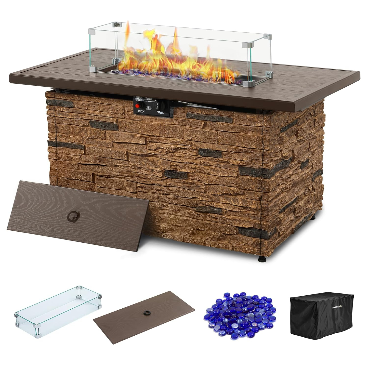 43" Propane Fire Pit Table Outdoor Stone Firepit Table Rectangular 50000 BTU Propane Fire Tables for Outside Patio with Wind Guard, Table Lid, Fire Beads, Cover,Pizzello Caldo (Buff)