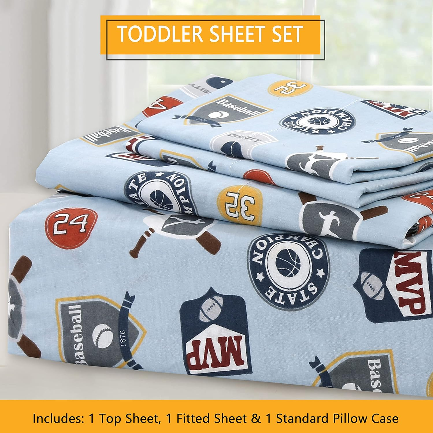 MVP Sports #32 #24 Basketball Baseball Football 3 Piece Multicolor Blue Cotton Toddler Sheet Set