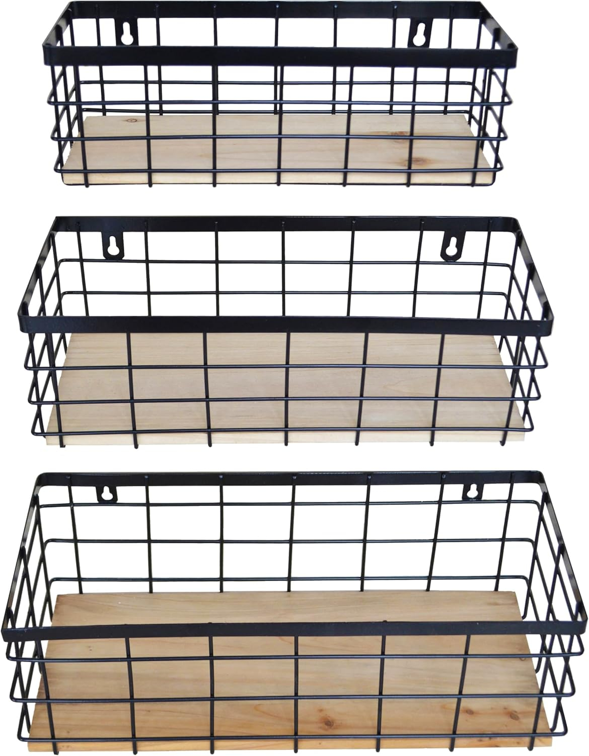 Metal Wire Basket Detachable Wood Base Storage Organizer Farmhouse Small Bins for Kitchen Cabinets, Bathroom, Pantry, Laundry Room, Closets Set of 2,Black Color