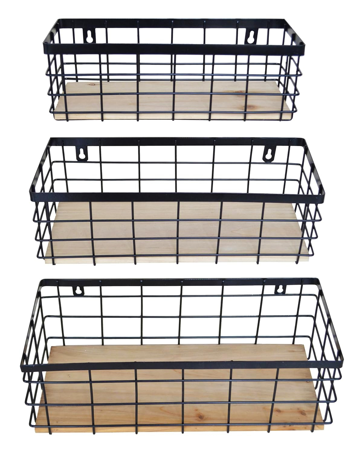 Metal Wire Basket Detachable Wood Base Storage Organizer Farmhouse Small Bins for Kitchen Cabinets, Bathroom, Pantry, Laundry Room, Closets Set of 2,Black Color