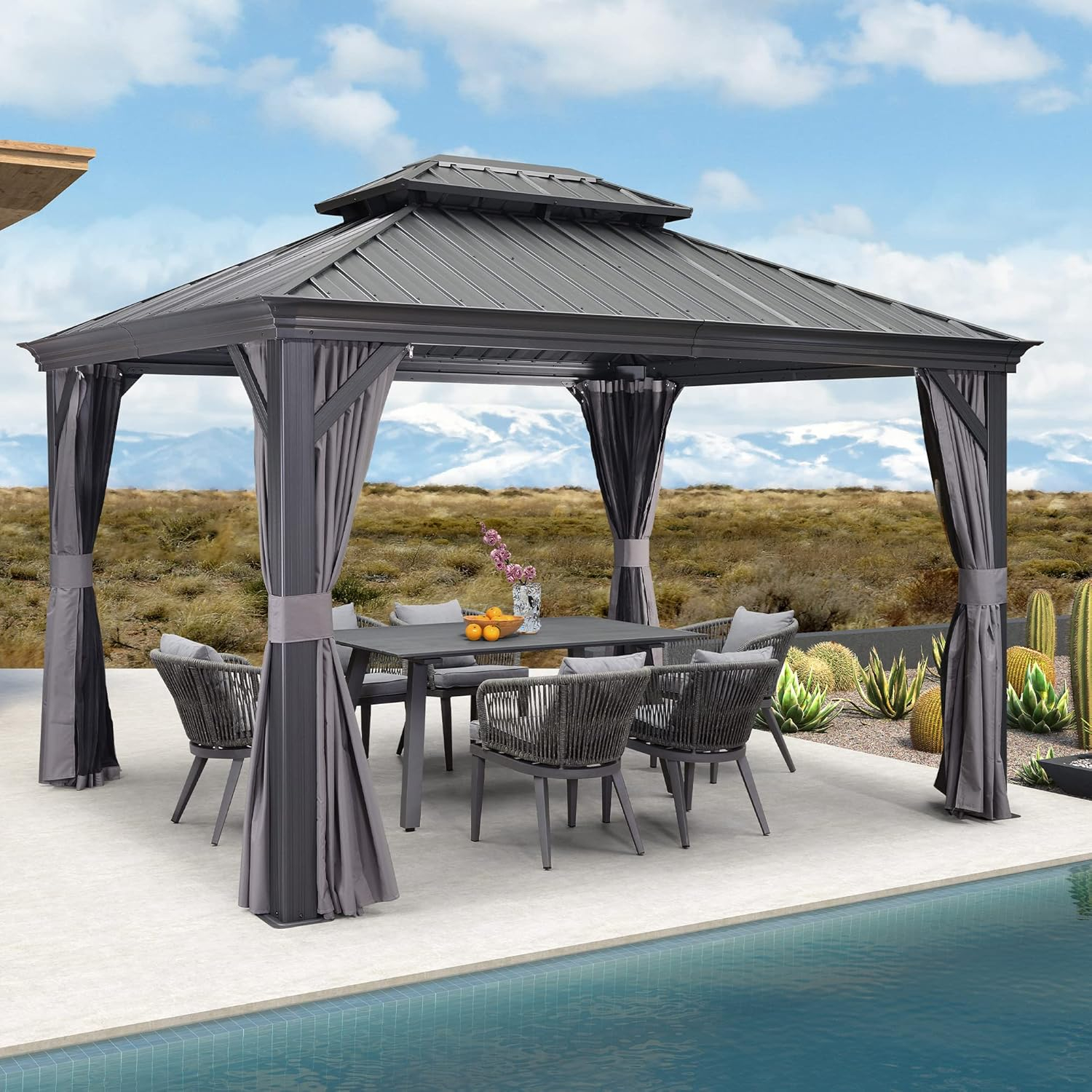 PURPLE LEAF 10' X 12' Hardtop Gazebo with Light Galvanized Steel Double Roof Outdoor Gazebo for Patio Lawn and Garden Grey
