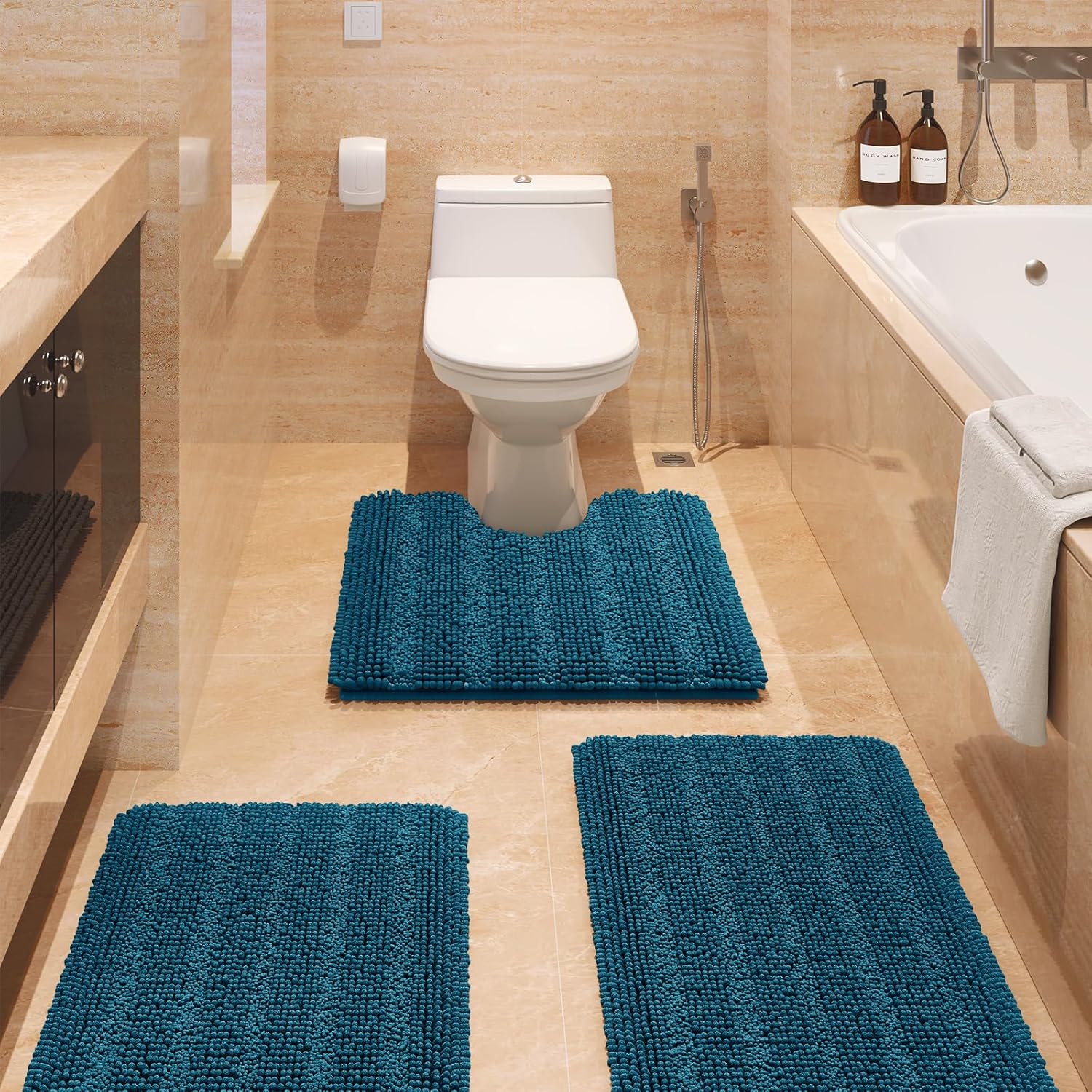 ACCUMTEK Striped Atlantic Blue Bathroom Rug Set 3 Pieces Ultra Soft, Non Slip Chenille Toilet Mat, Absorbent Plush Shaggy Bath Mats for Bathroom, Bedroom, Kitchen
