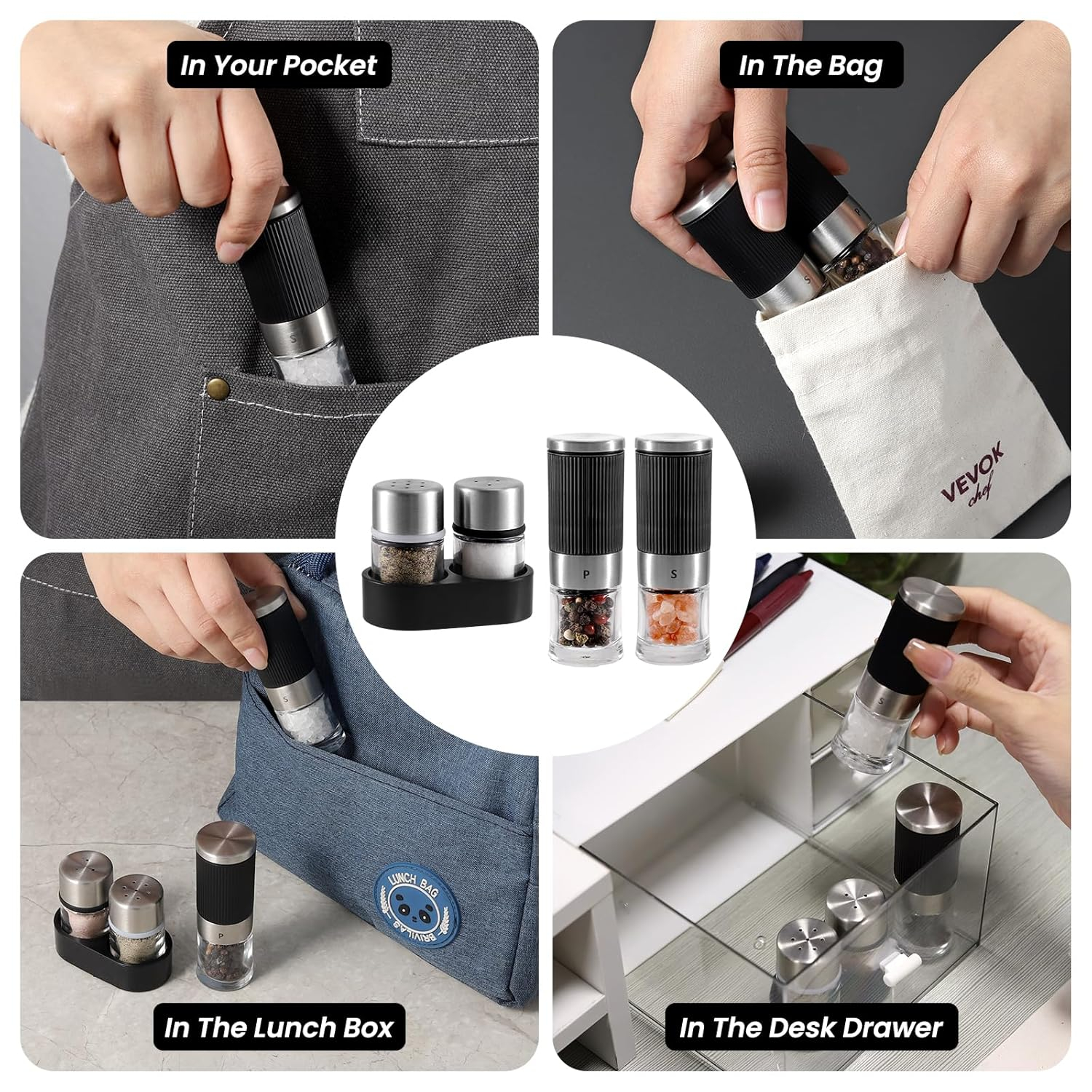 VEVOK CHEF Mini Salt and Pepper Grinder set with 2 Small Salt and Pepper Shakers Portable Cute Tiny Spice Grinder Pepper Mill Salt Grinder for Travel, Work, Camping, Party, School, Lunch Box