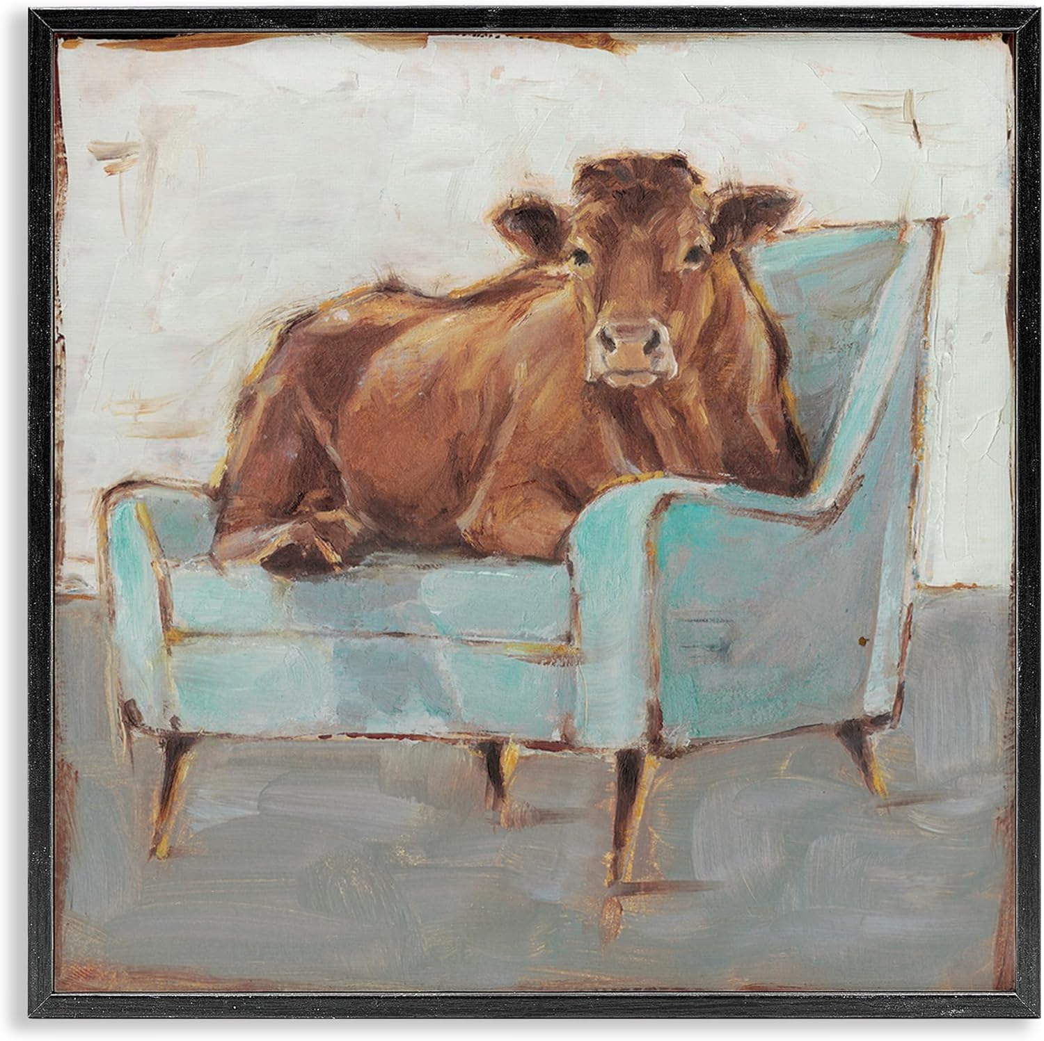 Stupell Industries Brown Bull on a Blue Couch Neutral Color Painting, 24 x 24,Design by Ethan Harper
