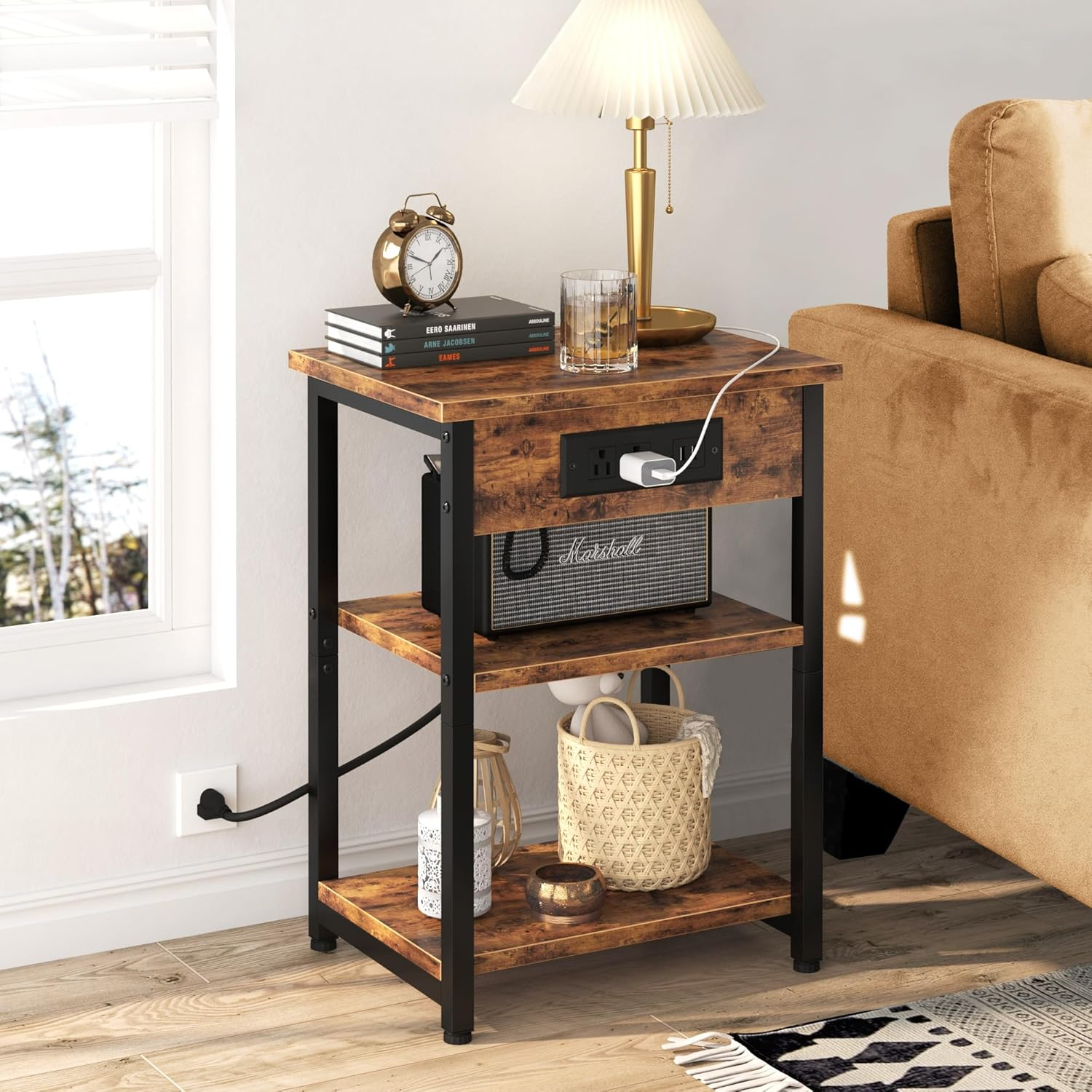 Rustic Brown 3-Tier End Tables with USB Charging Station