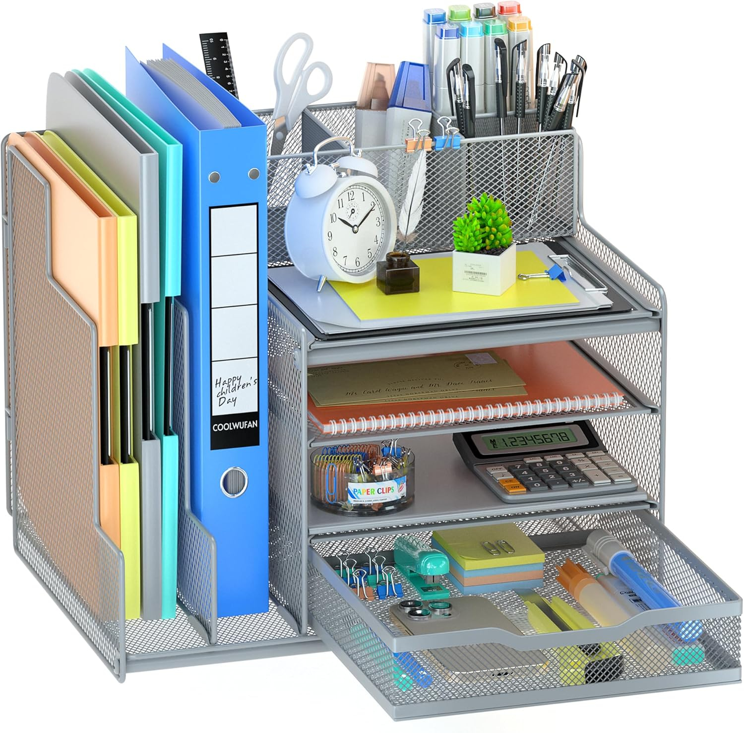 VIVSOL Desk Organizer with Mesh File Holder, 4-Tier Office Supplies Desk Organizers and Accessories with Sliding Drawers & Pen Holder, Desk File Organizer and Storage for Office, School, Home, Black