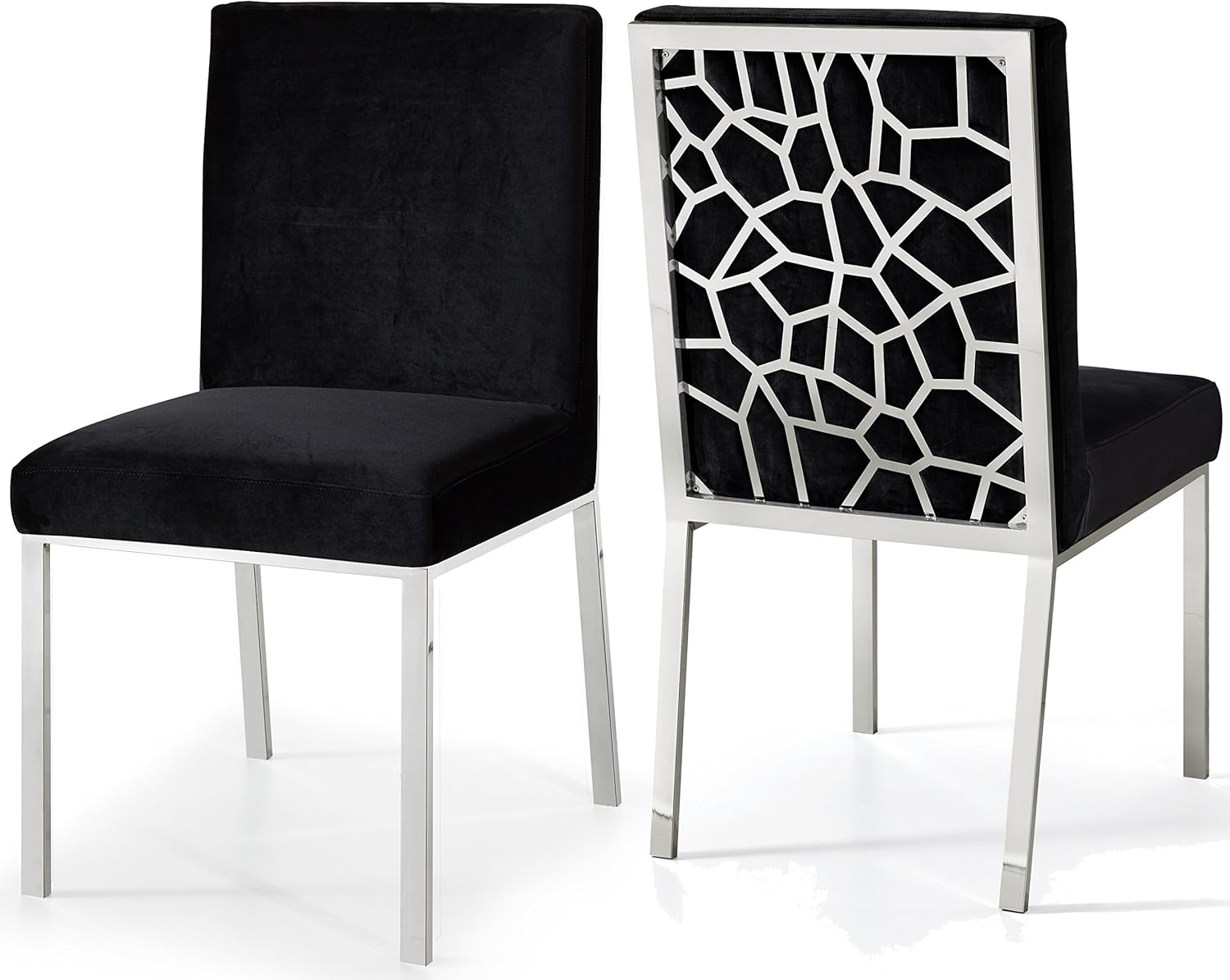 Meridian Furniture Opal Collection Modern | Contemporary Velvet Upholstered Dining Chair with Sturdy Metal Legs and Metallic Geometric Design, Set of 2, Black, 20" W x 24" D x 39.5" H
