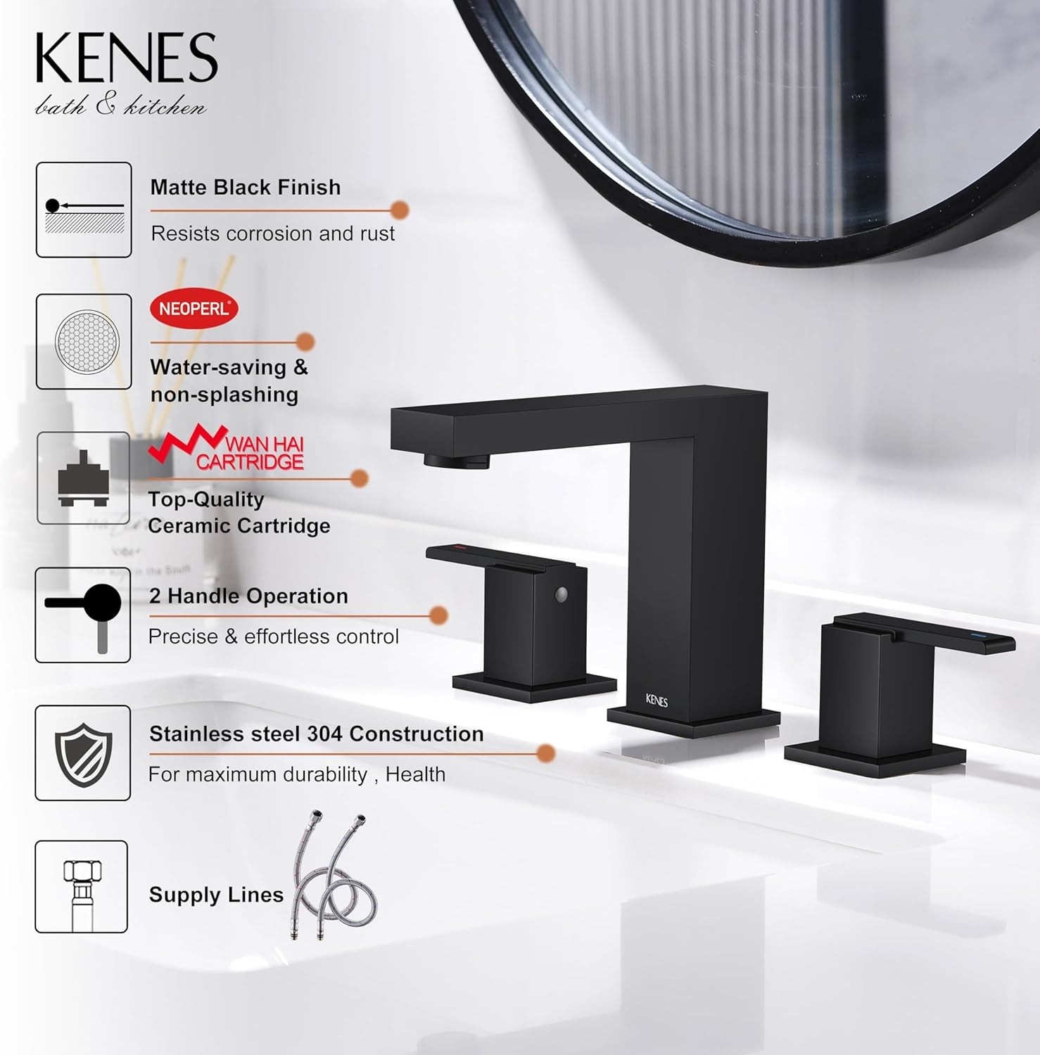 KENES Matte Black Widespread Bathroom Faucet Two Handle Bathroom Sink Faucets Black 3 Hole, 8-Inch 3 Pieces Bathroom Vanity Faucet Lavatory Faucet with Supply Lines, KE-9050-2