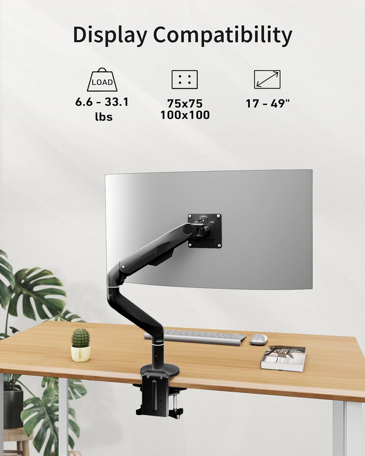 Single Monitor Mount for 17-49" Ultrawide Monitors Within 33.1 lbs - Heavy Duty Monitor Arm with VESA Mount, Single Monitor Arm Desk Mount, Adjustable Computer Monitor Stand, Black