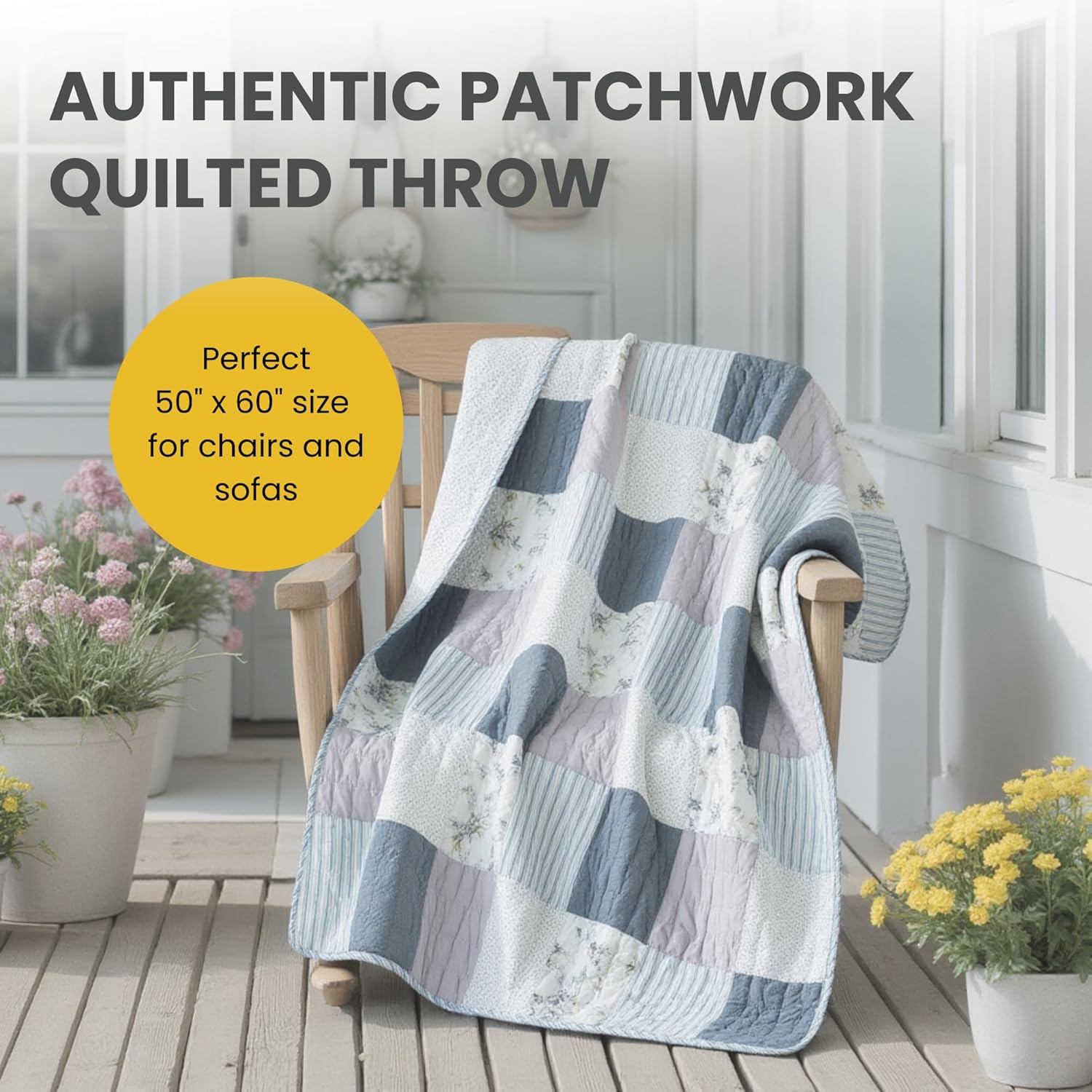 SLPR Cotton Quilted Throw Blanket, 50" x 60" Floral Farmhouse Patchwork Quilt, Shabby Chic Patchwork Throw Lap Quilt for Couch, Coastal Dream