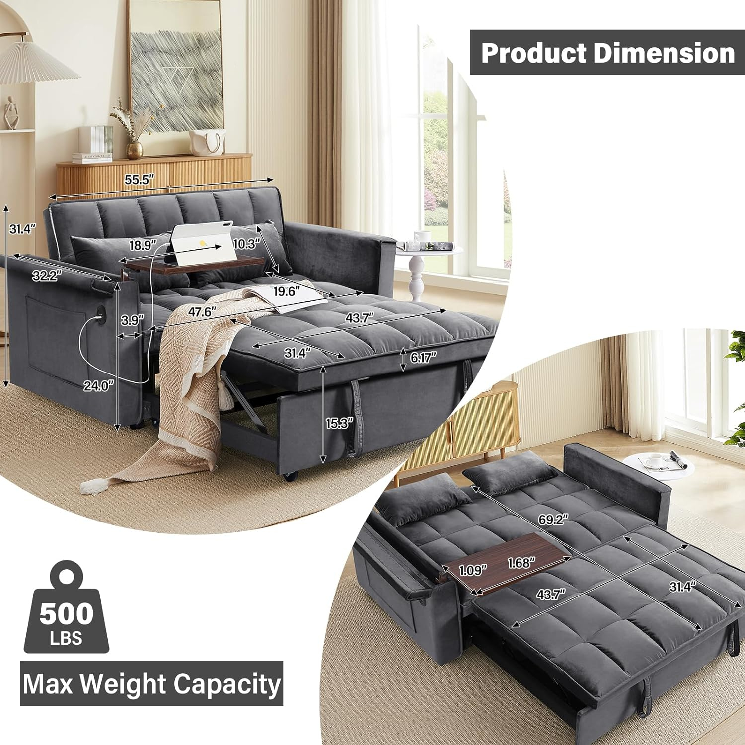 Convertible Sofa Bed,3-in-1 Velvet Sleeper Couch Pull-Out Bed,55'' Loveseat Sleeper Sofa Bed with Adjustable Backrest with Pillows and Storage Bag & USB Port and Hidden Side Computer Table,Dark Gray