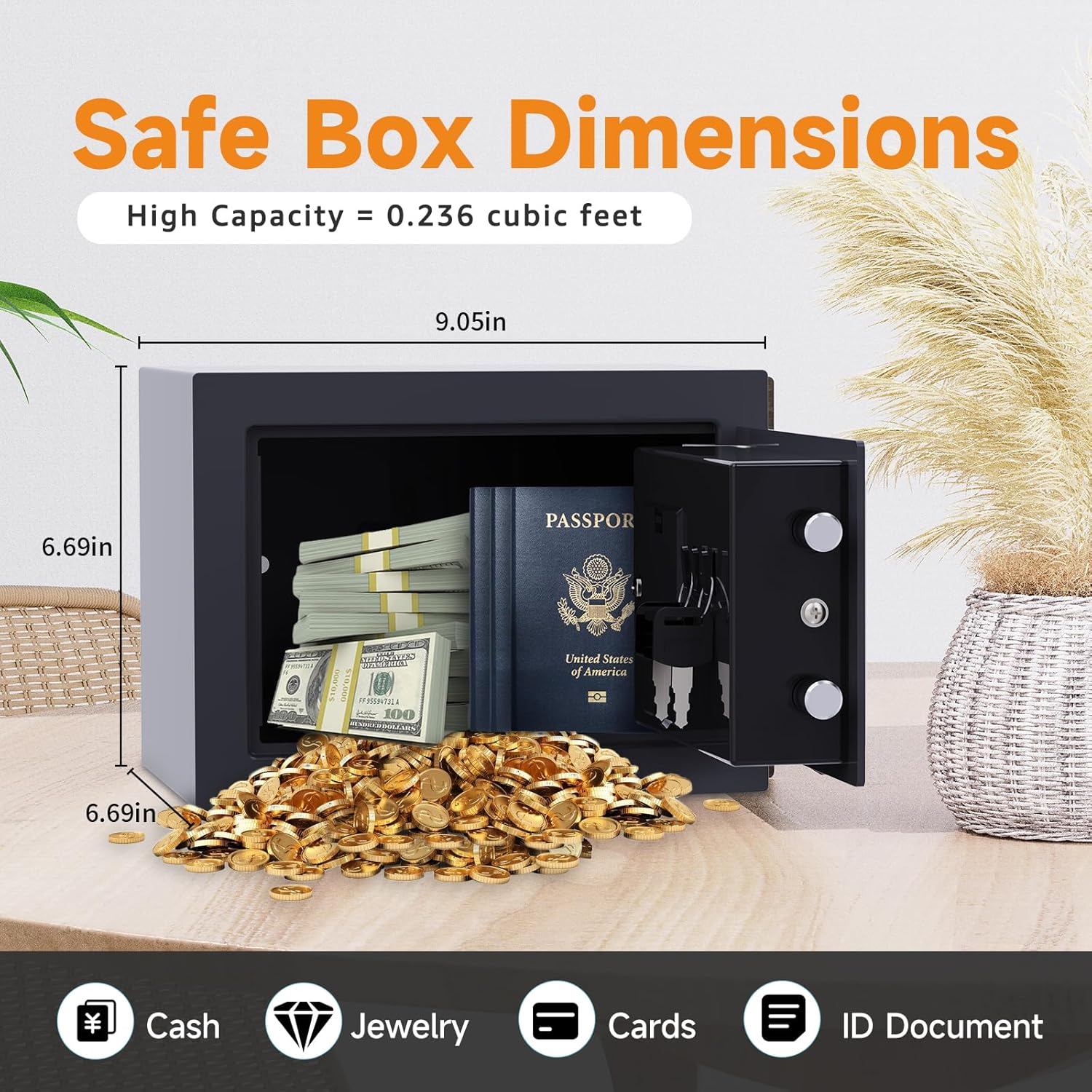 Goldenkey Small Safe Box for Money, Digital Home Safe Box with Keys&Code for Cash and Coin, Security Mini Safe for Kids Personal Items, 6.69"D x 9.05"W x 6.69"H, 0.236 Cu.Ft.