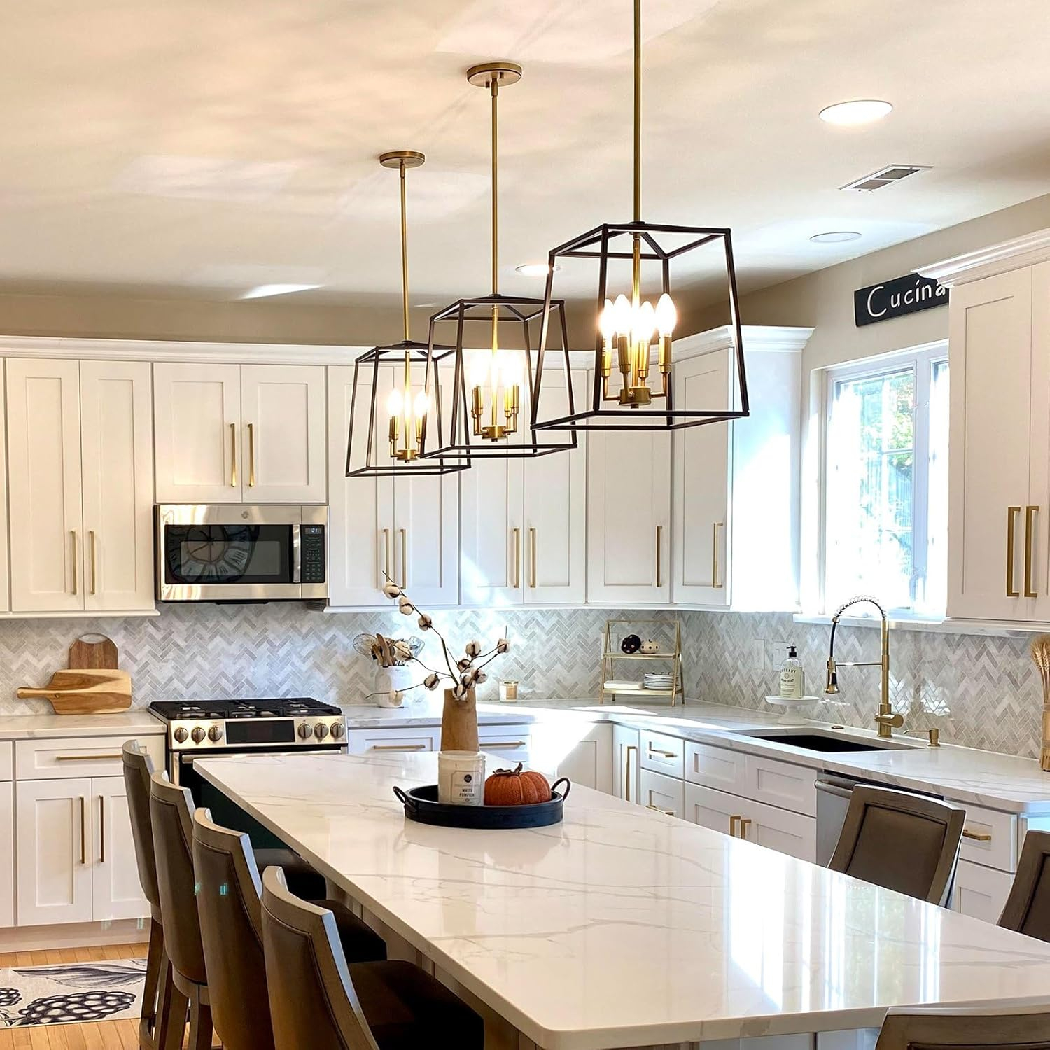Kira Home Bellevue 16" 4-Light Farmhouse Lantern Pendant Light, Adjustable Foyer Chandelier, Warm Brass Accents + Black