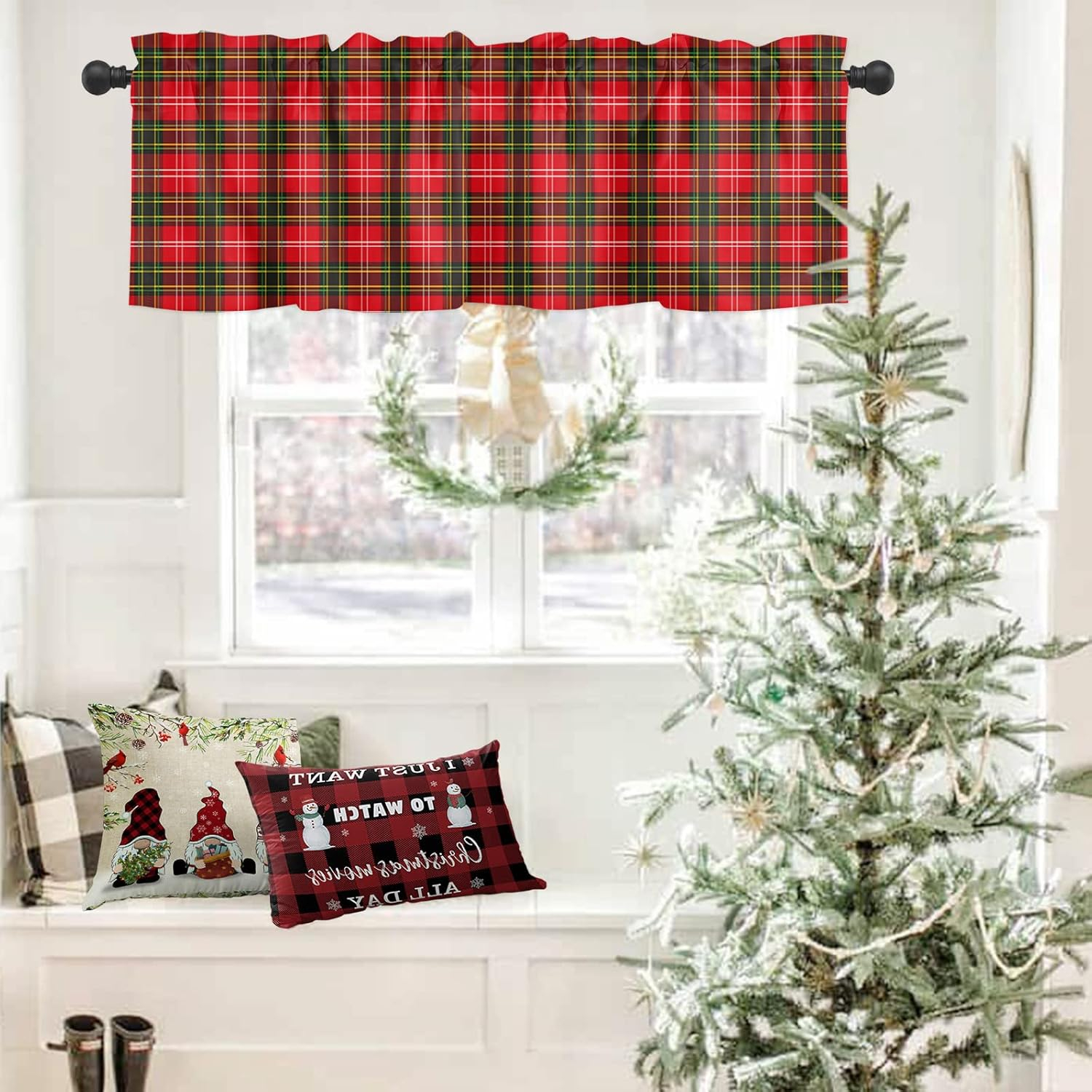 Classic Tartan Valance Christmas Red and Green Buffalo Plaid Window Valance,Rod Pocket Panel for Kitchen Bedroom Windows,Grid Valances Short Curtain Bathroom Treatment Drapes