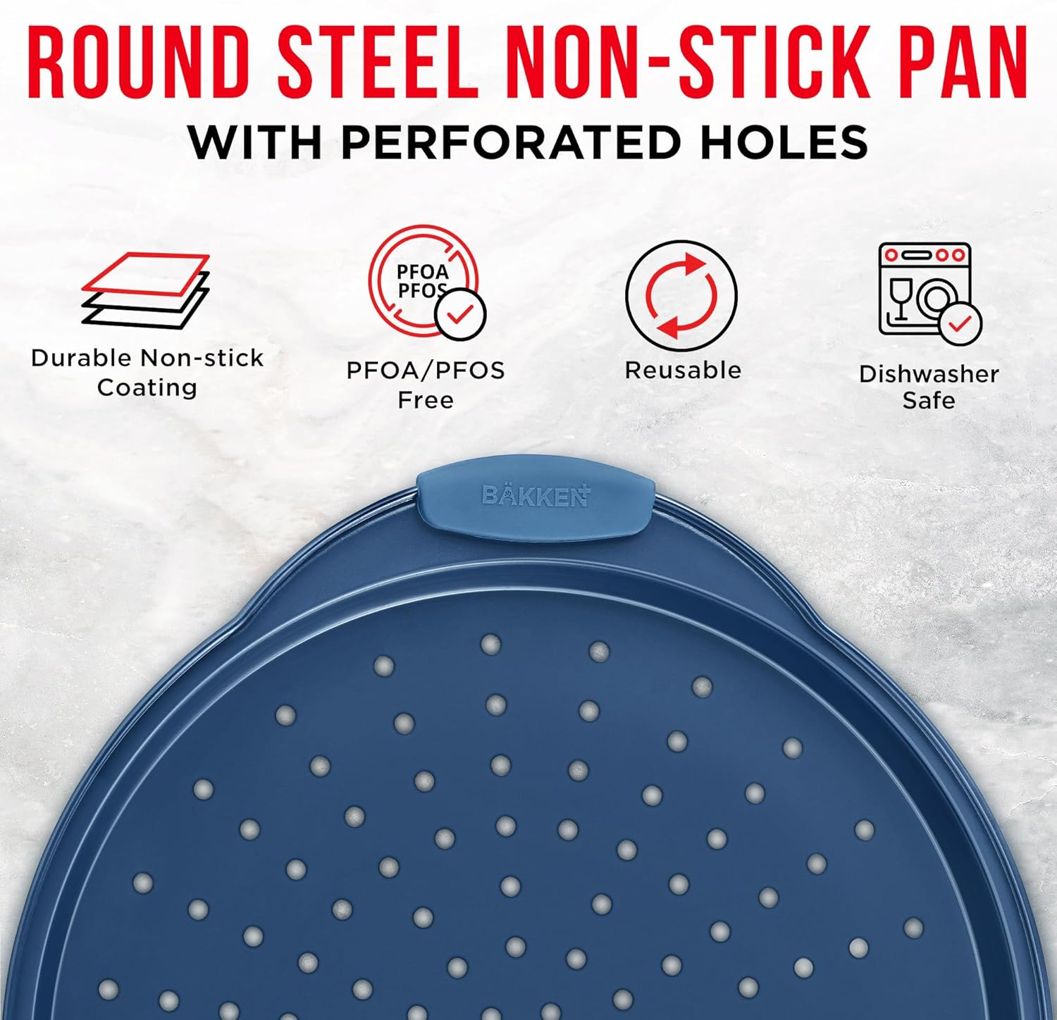 Bakken Pizza Baking Pan - Round Perforated Carbon Steel Pan with Non-Stick Marble Coating, Oversized Silicone Handle, Dishwasher Safe, High-Temperature Resistant, Durable & Easy Cleanup Blue, 1 Pack