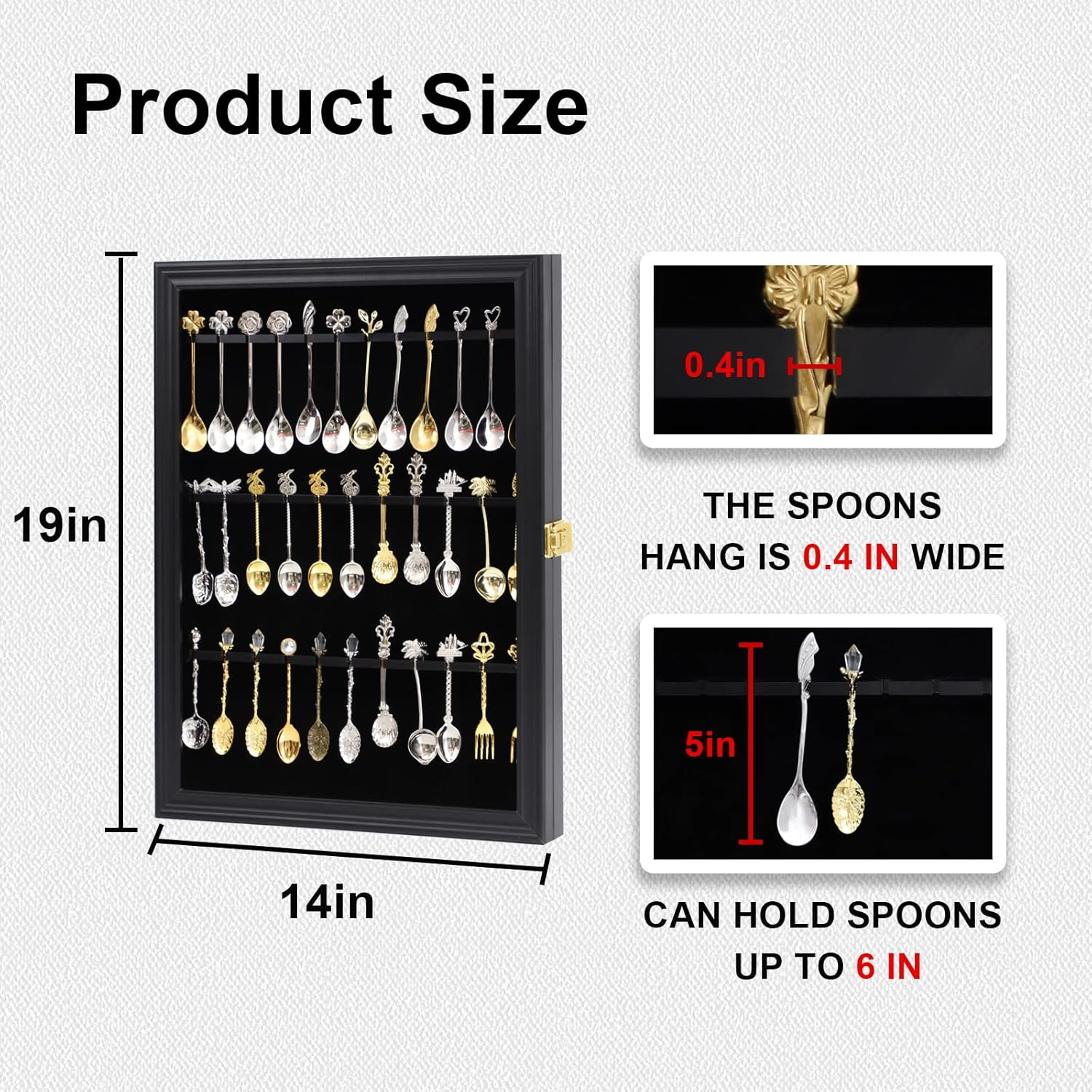 36 Souvenir Tea Spoon Display Case Collection Collector Rack Wall Mount Wooden w/98% UV Acrylic Door Lockable（Black）