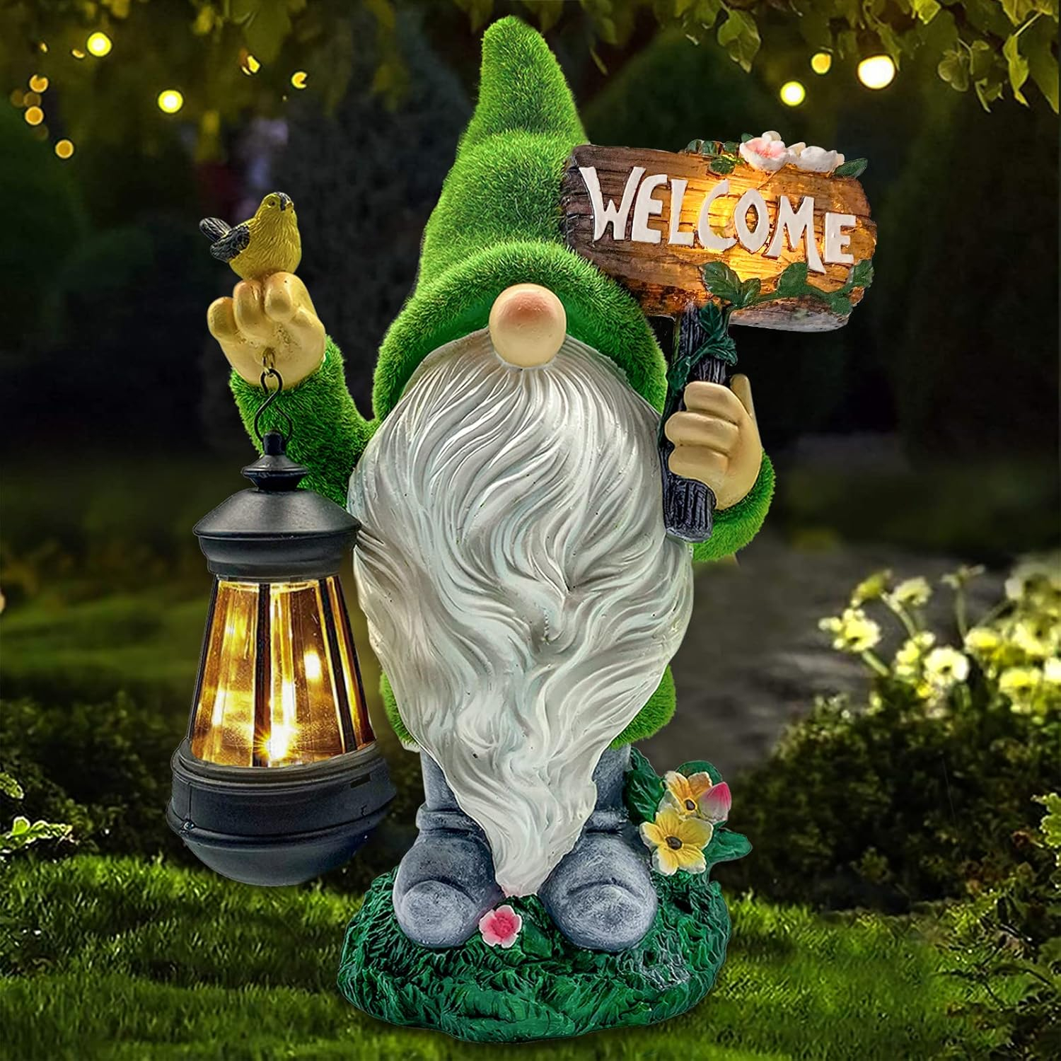 Outdoor Decor Large Flocked Resin Gnome Statue with Solar Lights and Lanterns Welcome Sign Garden Yard Decoration