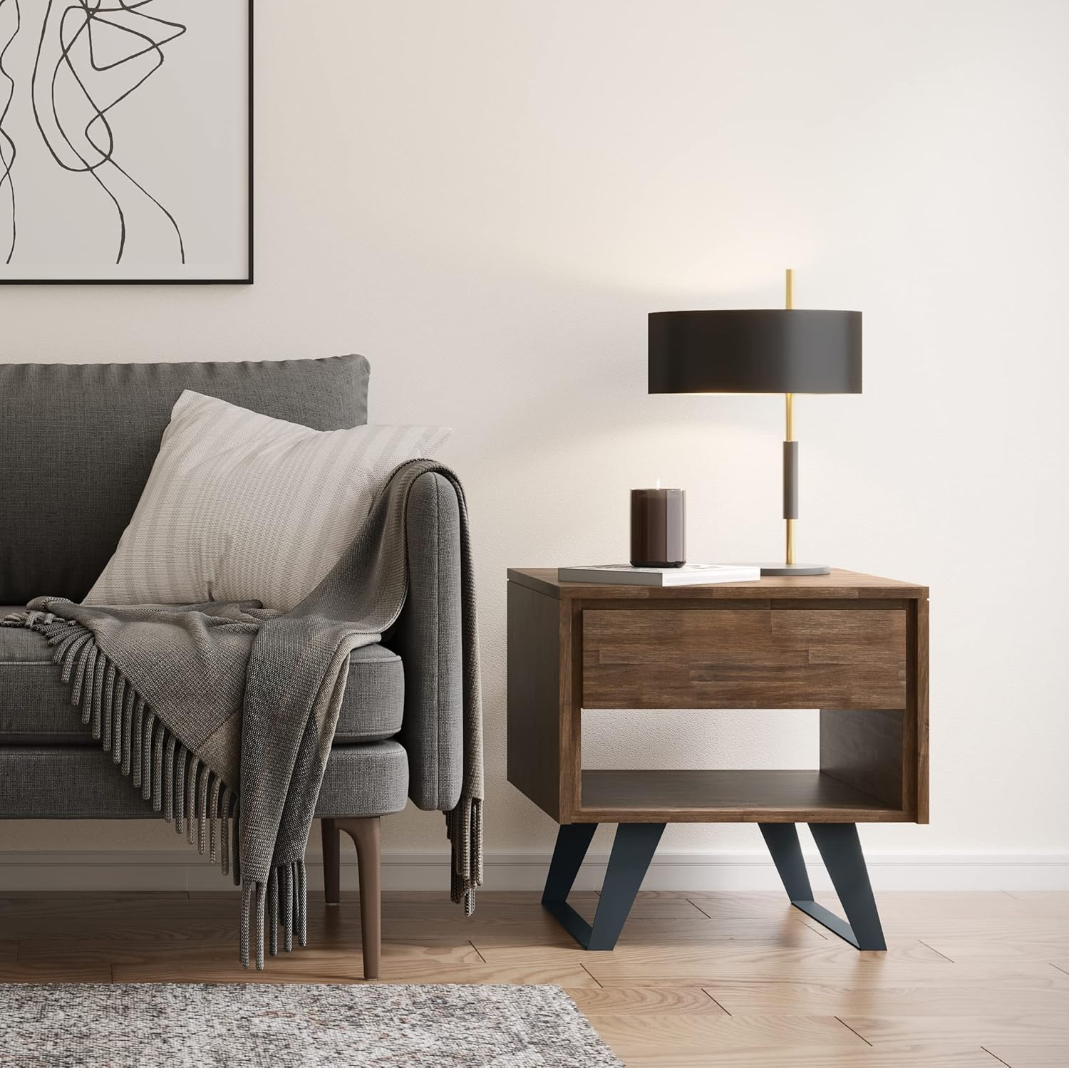 Lowry ACACIA WOOD and Metal 22" WD End Side Table in Rustic Natural Aged Brown