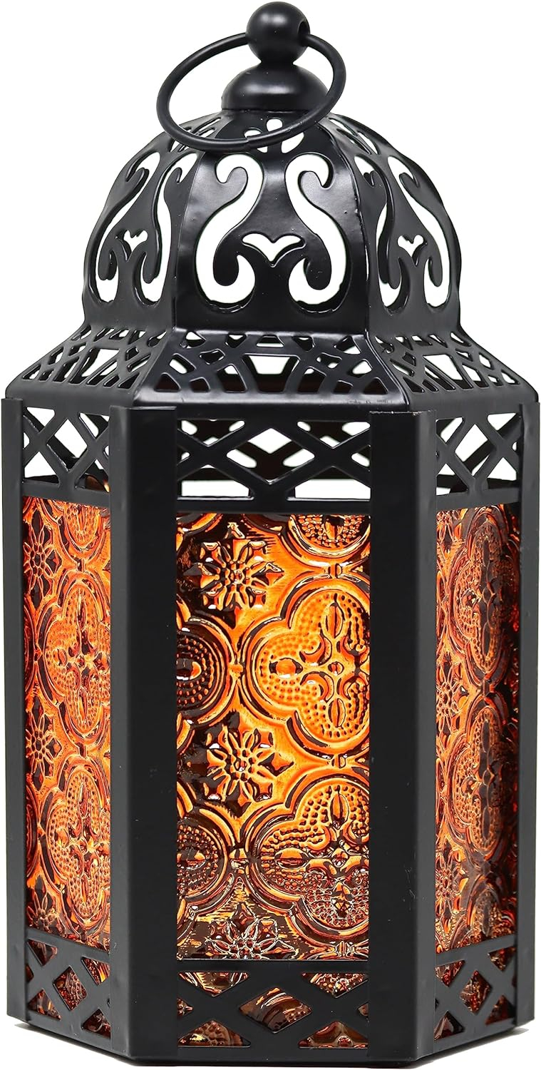 Small Black Metal Moroccan Lantern with Amber Glass Panels